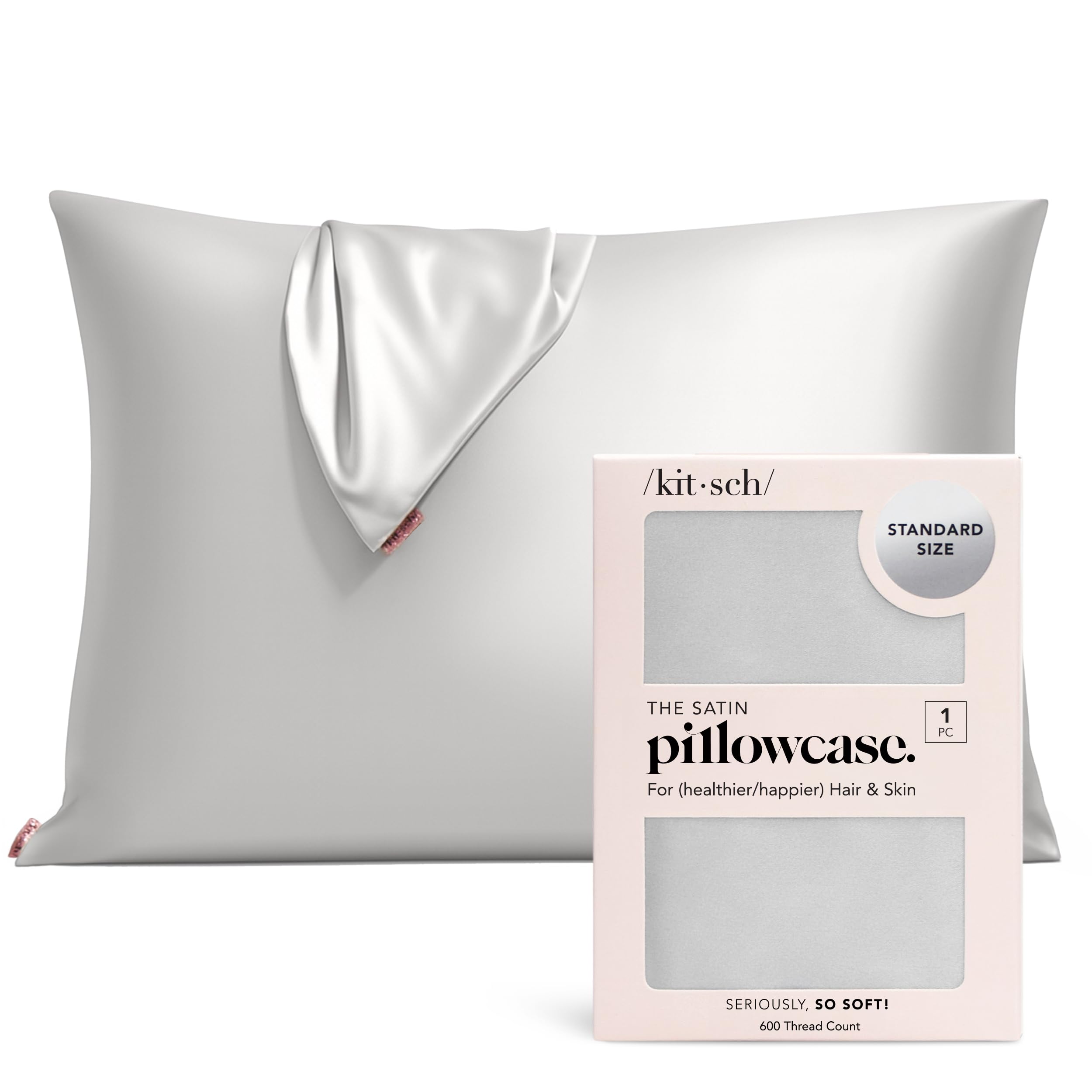 Kitsch Satin Pillowcase with Zipper for Hair & Skin, Softer Than Silk Pillow Cases Queen, Smooth Pillow Covers, Machine Washable, Wrinkle-Free, Cooling Satin Pillow Cases Standard Size 19"x26", Silver