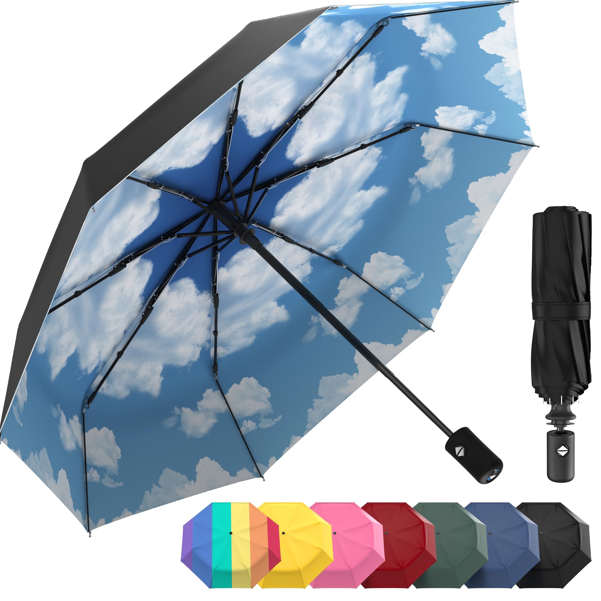 Rain-Mate Compact Travel Umbrella - Pocket Portable Folding Windproof Mini Umbrella - Auto Open and Close Button and 9 Rib Reinforced Canopy (Blue Sky)