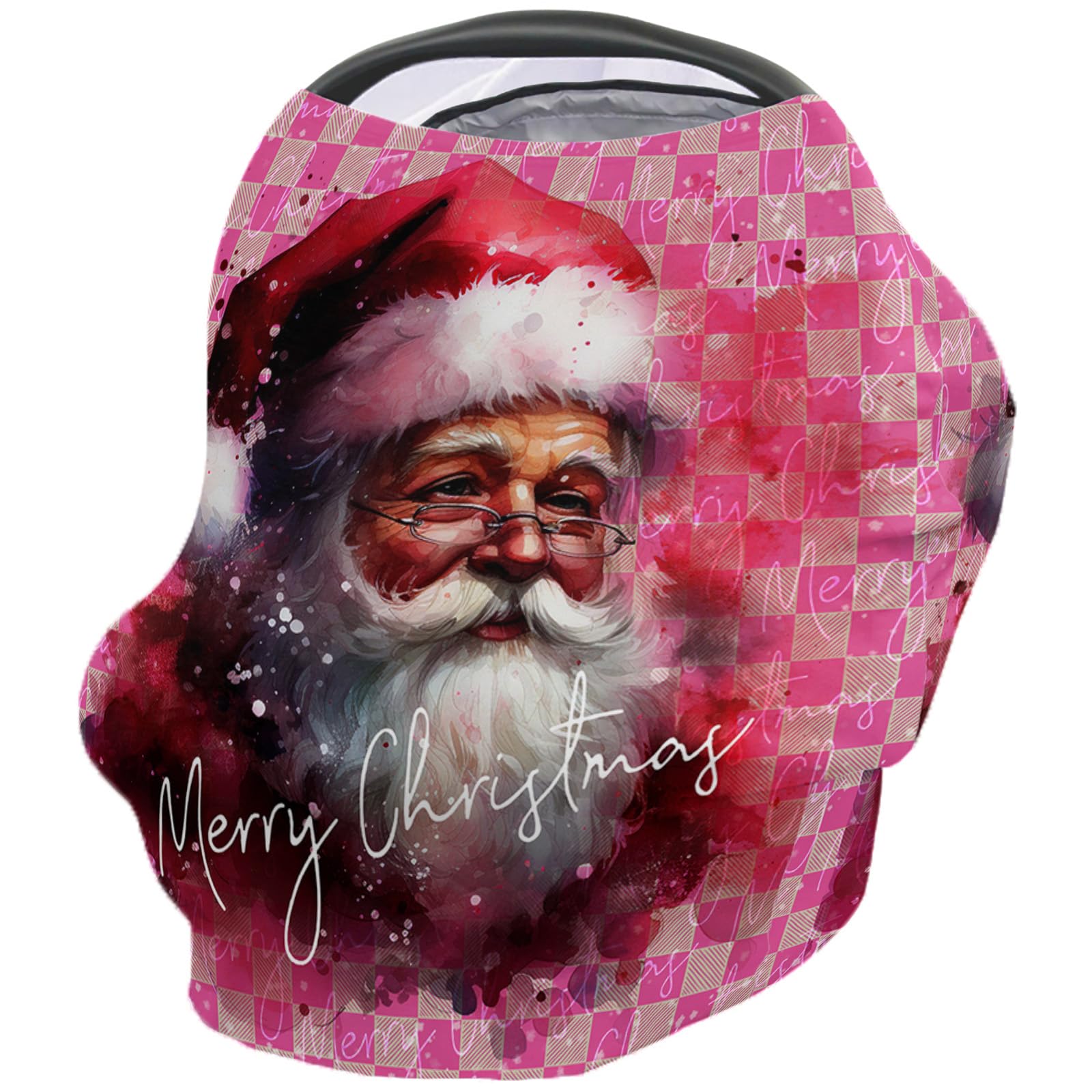 Nursing Cover for Breastfeeding Scarf, Santa Claus Merry Christmas Pink Plaid Baby Car Covers Super Soft Multi Use for Canopy Shopping Cart Cover Blanket Stroller Cover
