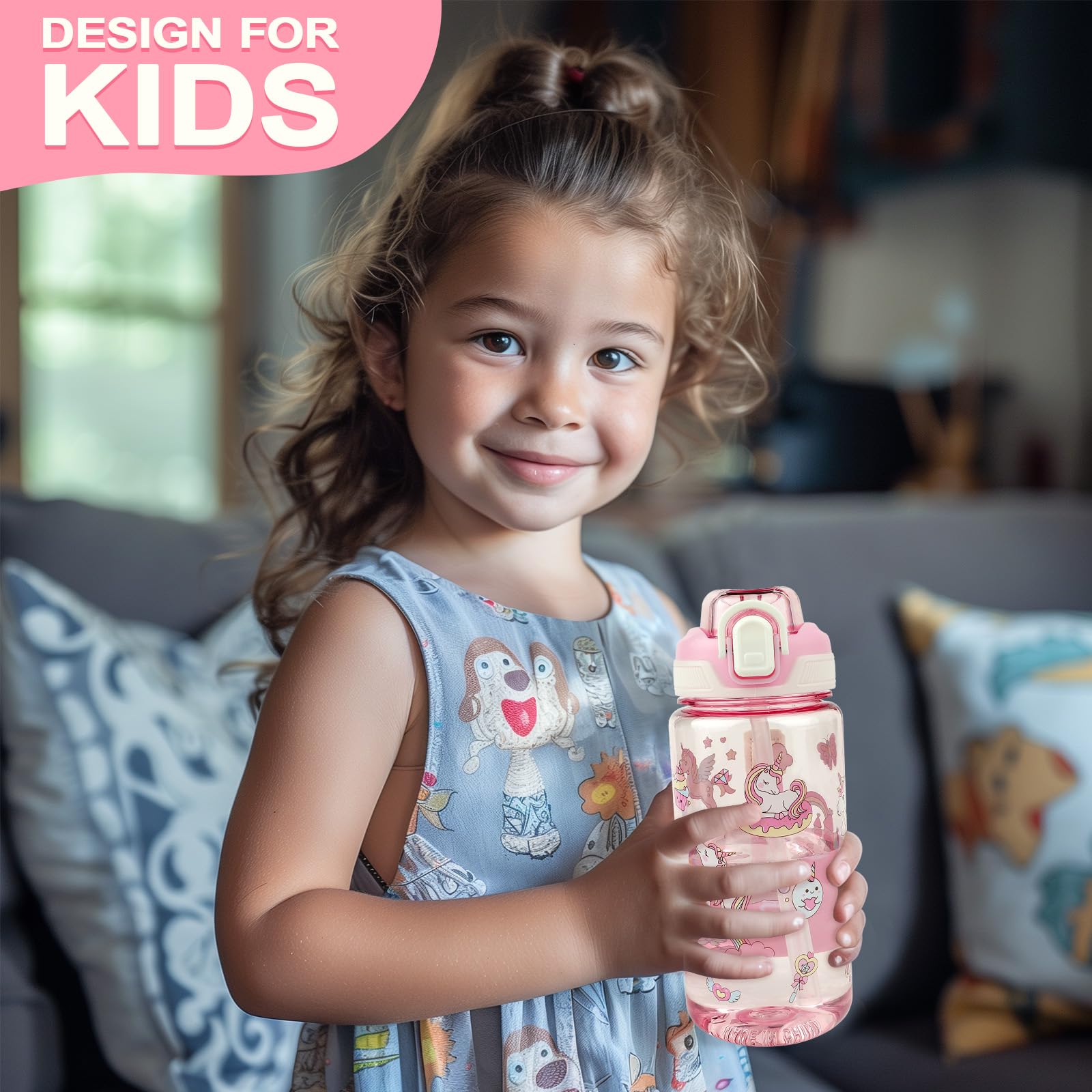Borraccia Bambini 600 ml con Cannuccia Unicorno Rosa Priva di BPA Lavabile in Lavastoviglie