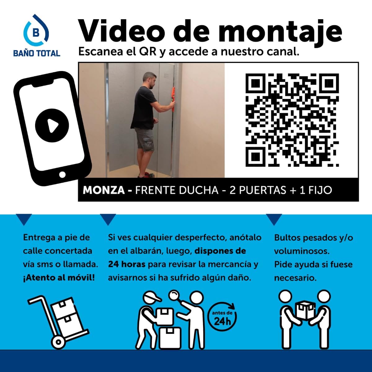 Mampara de Ducha FRONTAL Corredera 3 Hojas Monza– 1 Fijo y 2 Puertas Correderas Serigrafía – Altura 1,90 Metros y Cristal Templado 5mm Espesor 120 cm (Adaptable de 116 a 120cm)