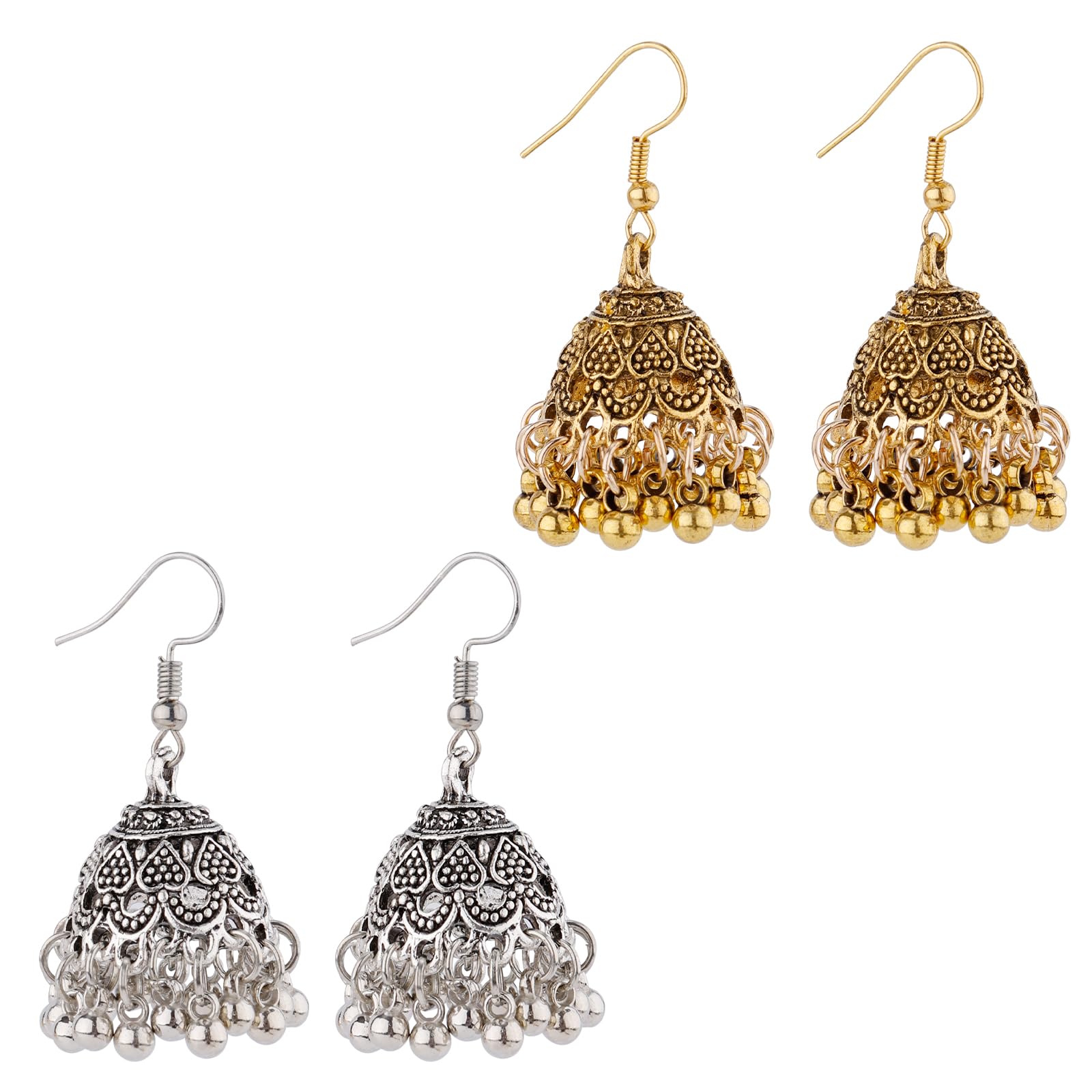 Mikovivi2 Pairs Indian Earrings, Vintage Jhumkas, Gold & Silver Aluminium Alloy, Dangle, Post, Ear Cuff, 1.57in
