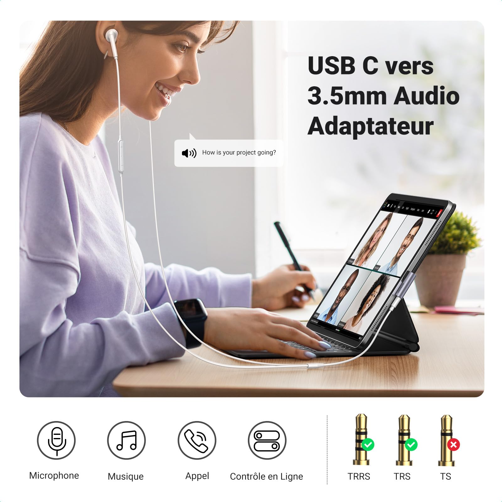 UGREEN Adaptateur USB C vers Jack 3.5mm Micro TRRS Coudé 90° Compatible iPhone 17 Pro Max Air 16 MacBook iPad Pro Air Galaxy S25 S24 Ultra Pixel 9 Audio DAC Gris