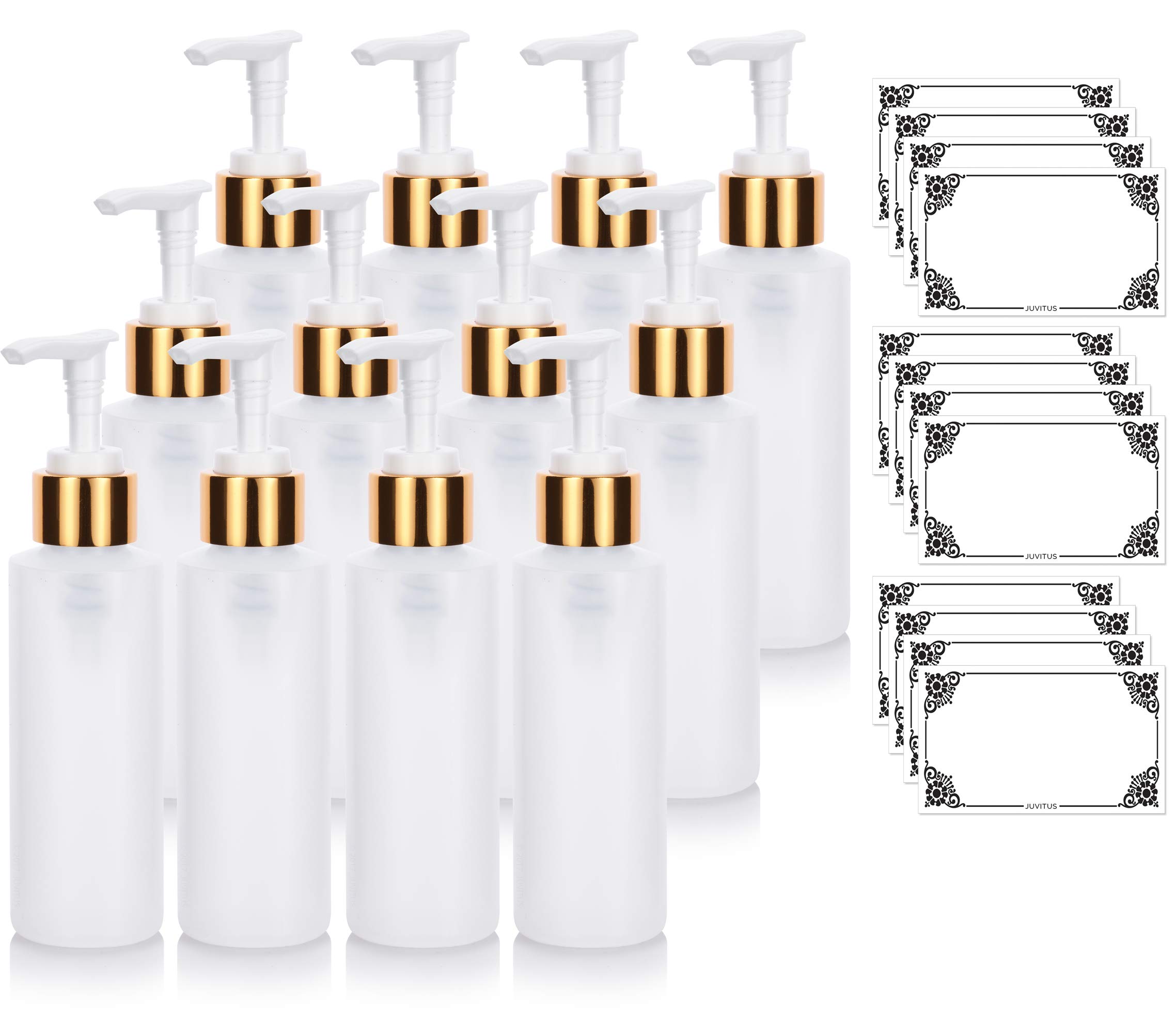 JUVITUS Clear Natural Large Refillable Plastic Squeeze Bottle with Gold Lotion Pump Dispenser 4 oz / 120 ml - (12 Pack) + Labels