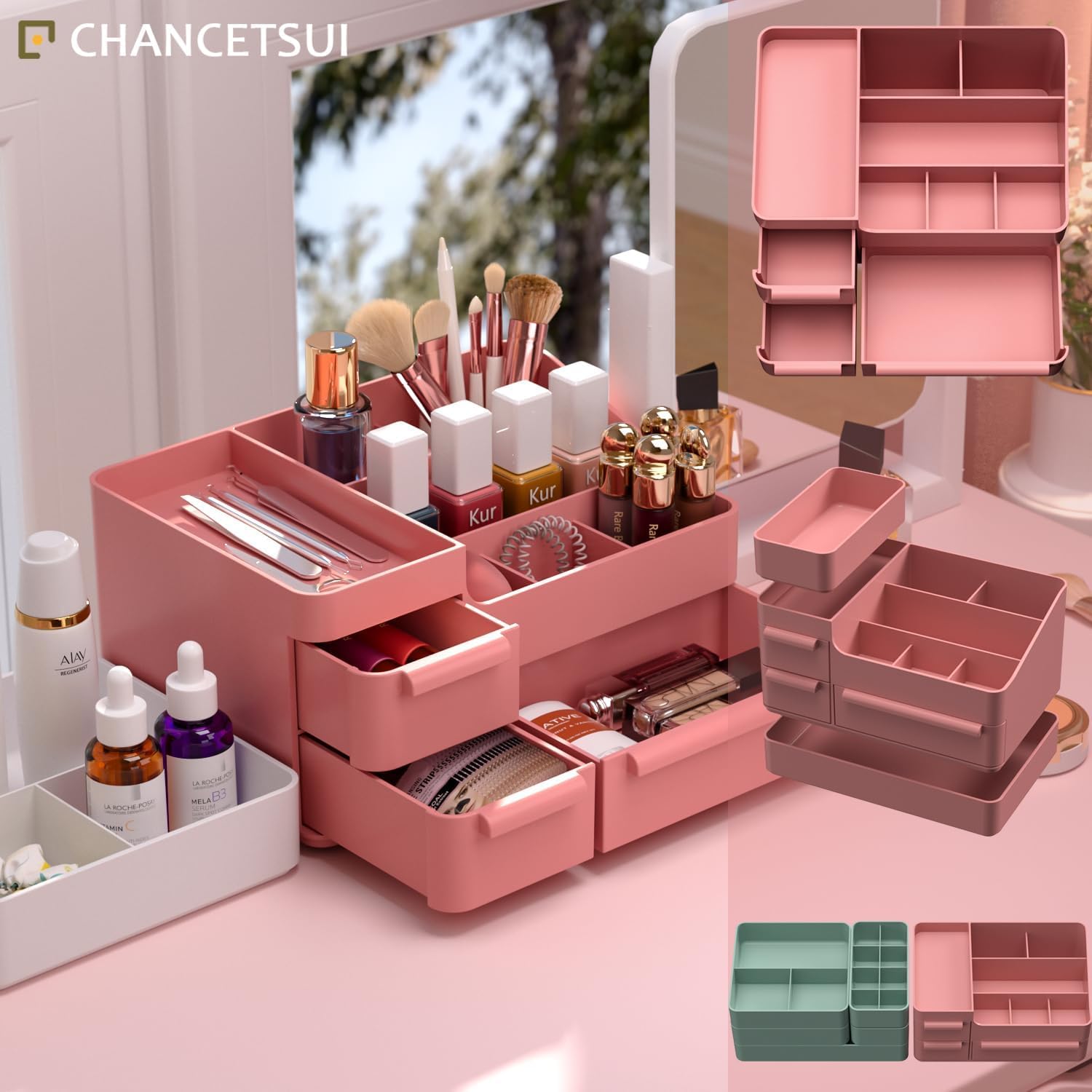 Organizer per trucchi per vanità, scatola per esposizione del piano di lavoro del bagno, contenitore impilabile per cosmetici per gioielli accessori per capelli bellezza prodotti per la cura della
