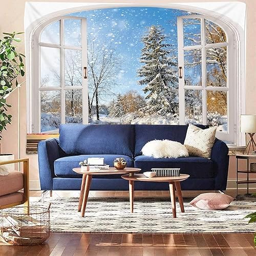 Miniatura 3 de FENDROM Tapiz de bosque de invierno para colgar en la pared, ventana, exterior, nieve, copo de nieve, árbol de pino, río, paisaje natural, tapiz