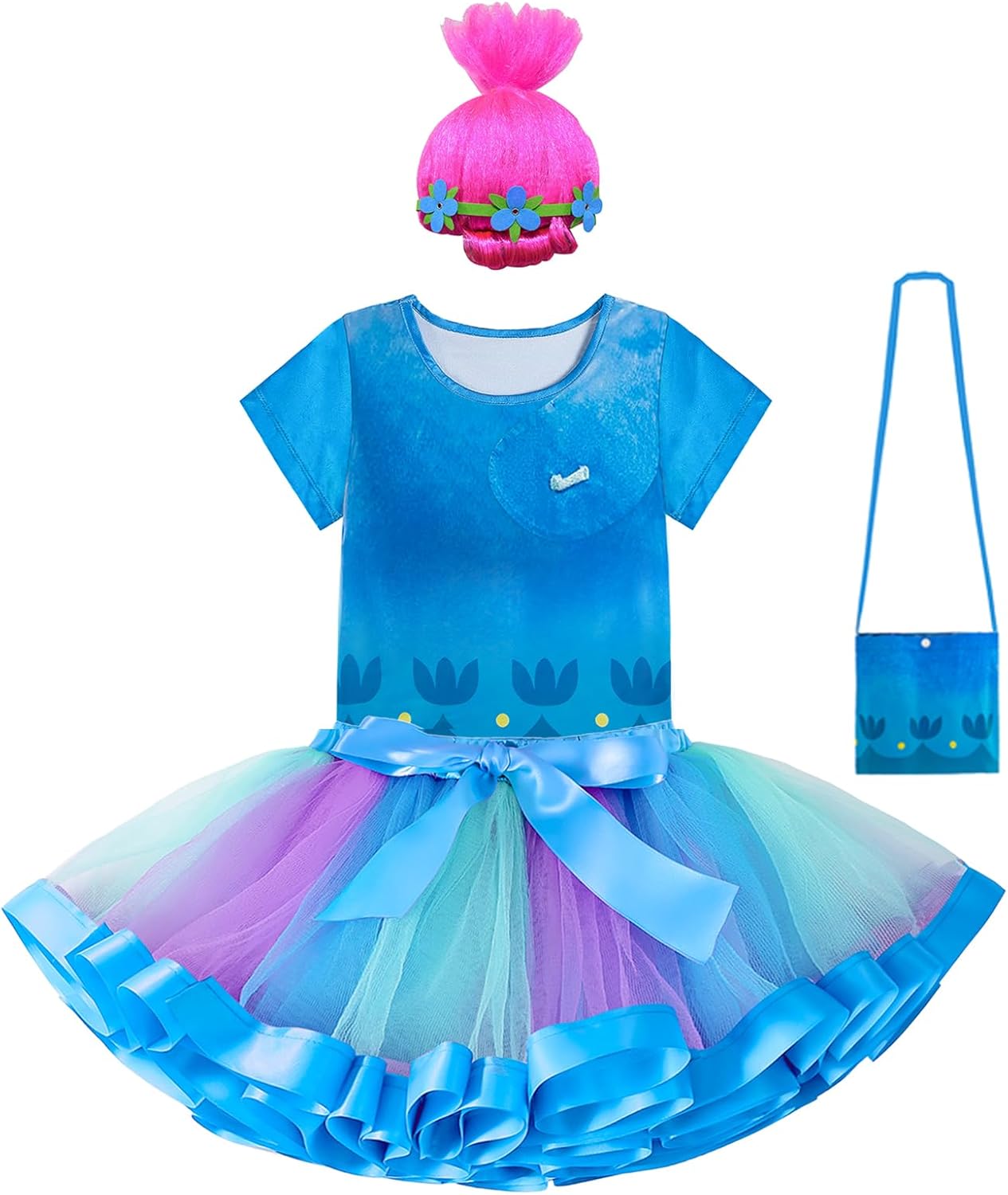 Rainbow Tutu dress for Girls,Poppy Costume Dress Birthday Outfit Halloween Dress Up with Wig Bag Age 3-8