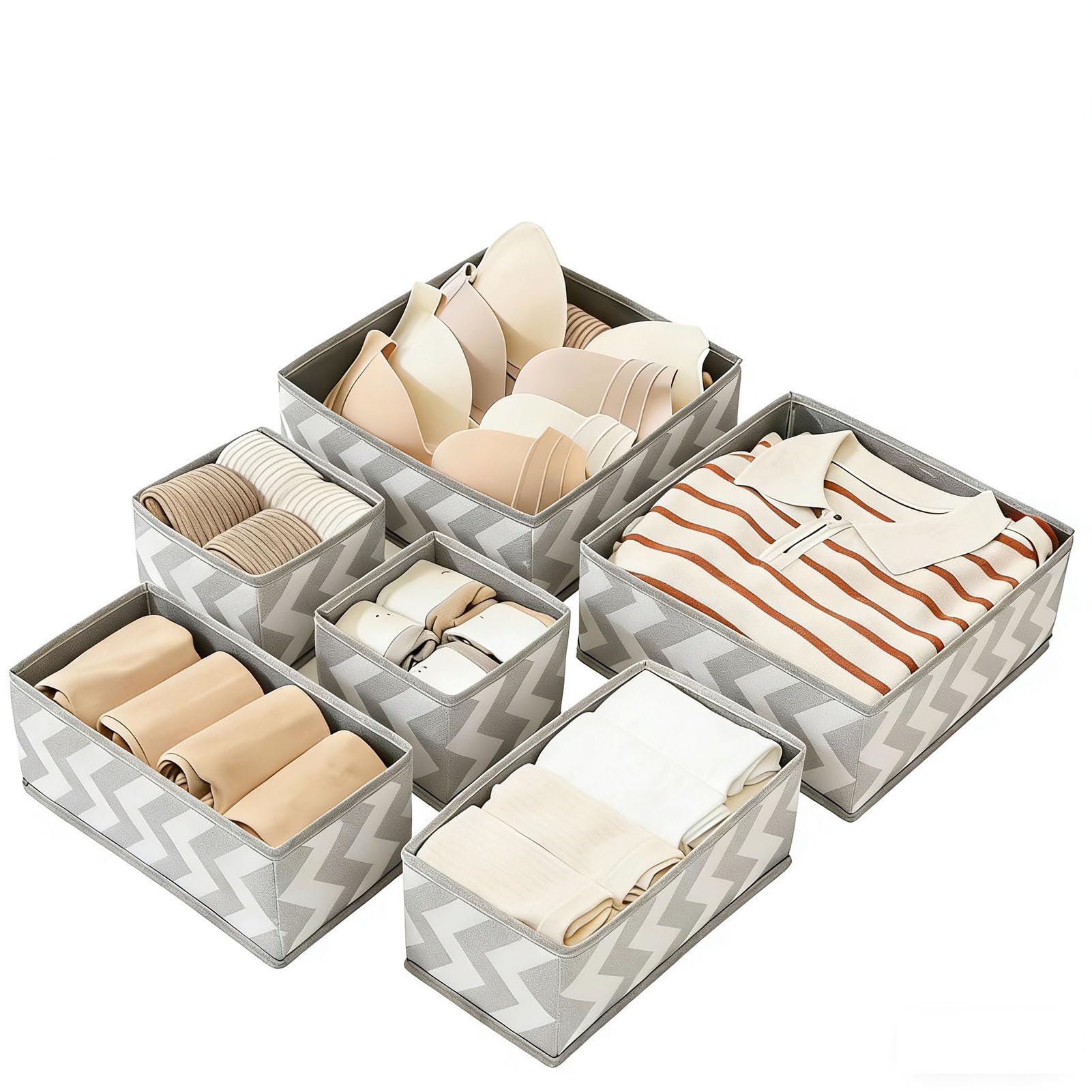 HongChelle 6 Pack Drawer Organiser, Wardrobe Storage Organizer, Foldable Fabric Storage Box, Drawer Dividers for Underwear, Socks, Ties, Baby Clothing, Cosmetics, 3 Sizes