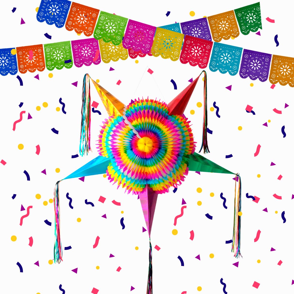 "VIVANCO Piñata: Colorful Mexican Star Pinata with Golden Cones, 33 Feet of Rope and Can Hold up to 3 Pounds of Piñata Handmade for Adults, 50 grams of Confetti (Rainbow Cones)