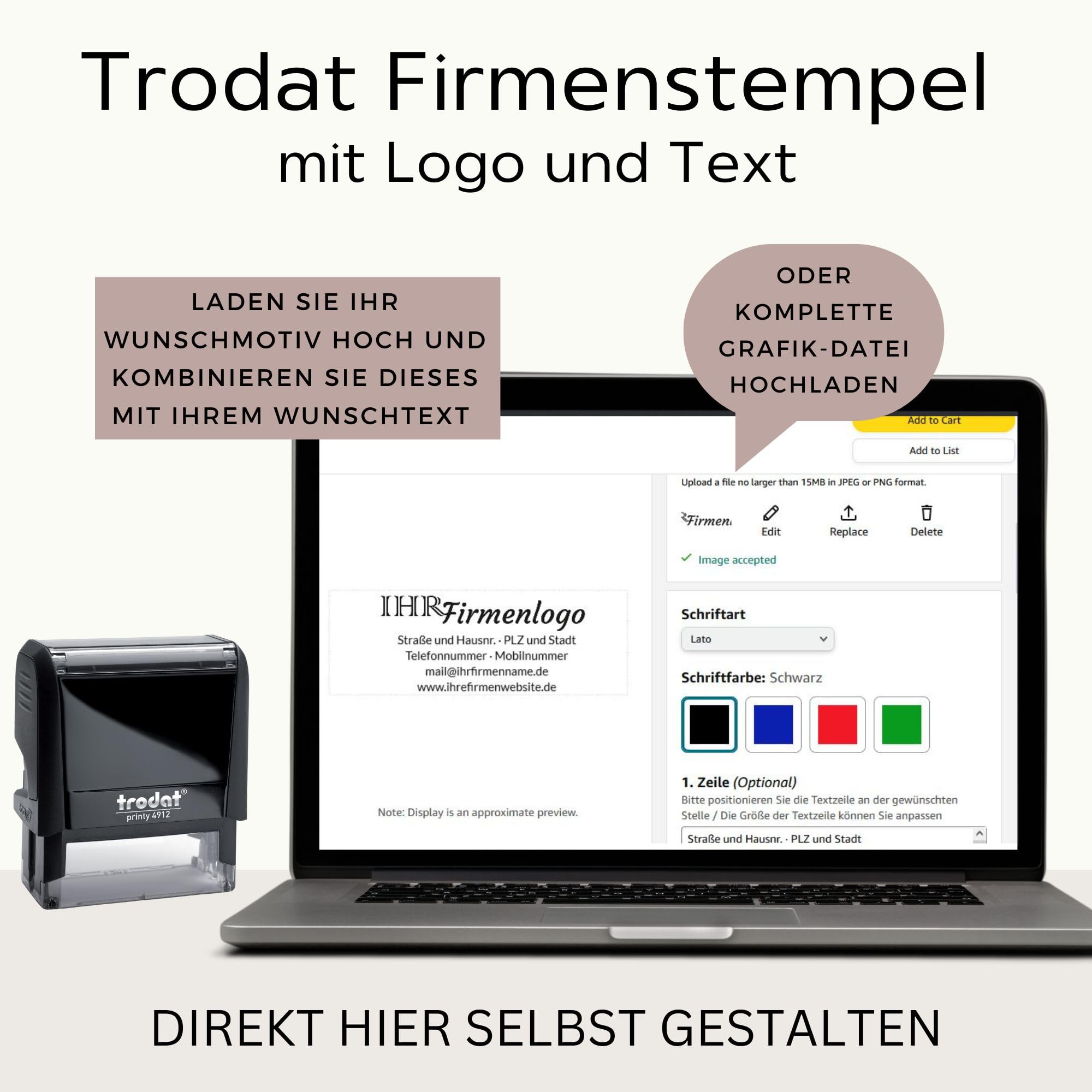Trodat Firmenstempel mit Logo und Text – Printy 4912 Personalisierter Stempel inklusive Grafik und Wunschtext, Selbstfärbend, Abdruck 47 x 18 mm