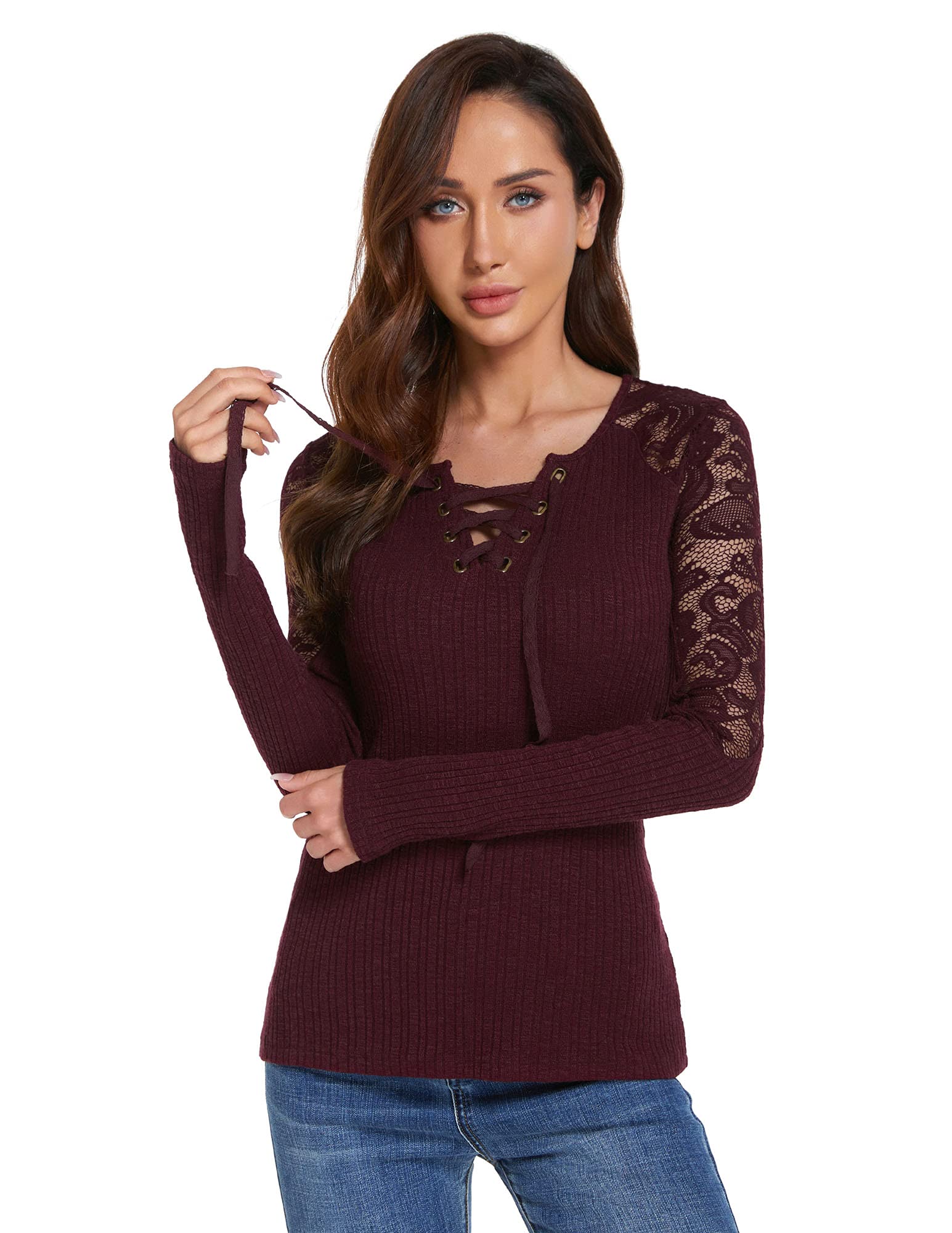 AmélieBoutik Women Floral Lace Inset Lace Up Ribbed Long Sleeve Knit Top, Burgundy, XS