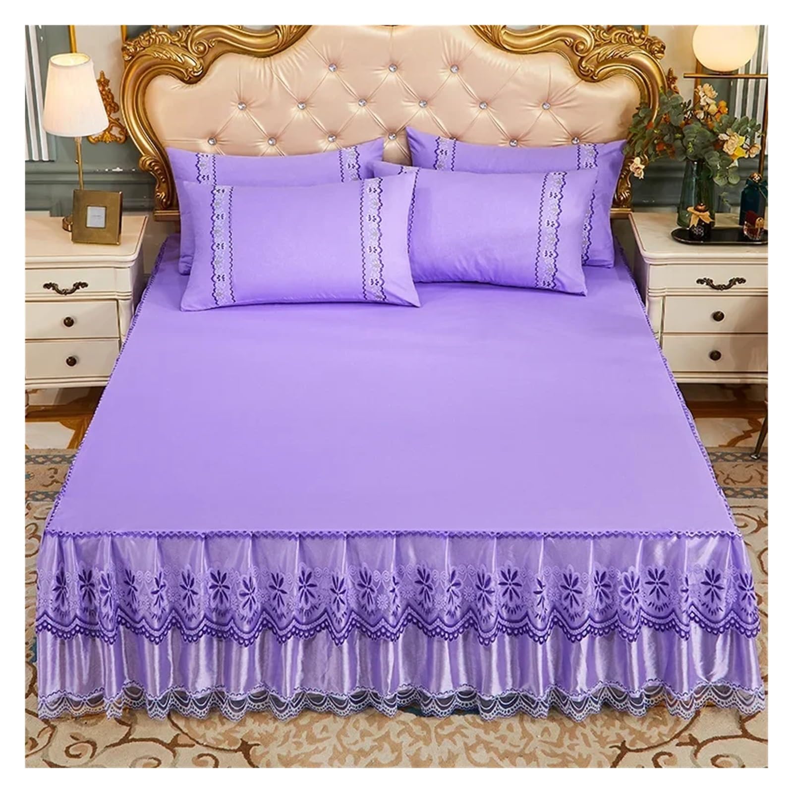 Lace Ruffled Bedroom Bed Skirt Non-slip Mattress Cover Bedspread King Size(Color 19,1PC 150x200cm)