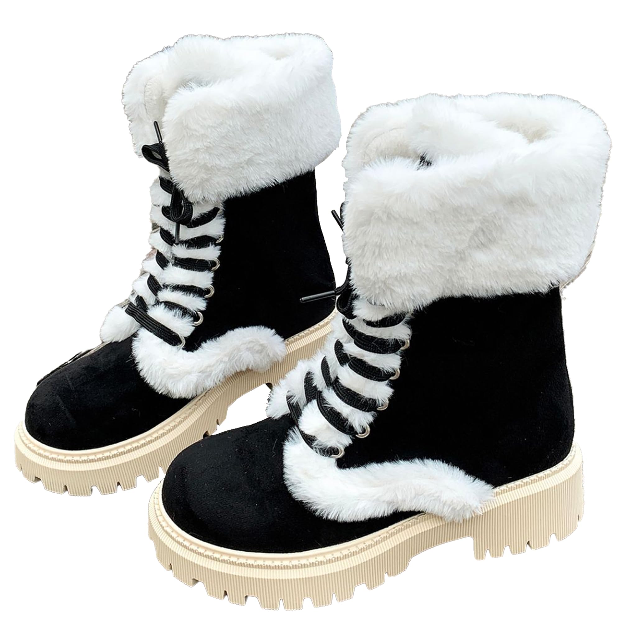 Womens Suede Chunky Heel Snow Boots Fashion Round Toe Lace-Up Non-Slip Fleece-Lined Outdoor Mid-Calf Boots Winter Everyday Warm