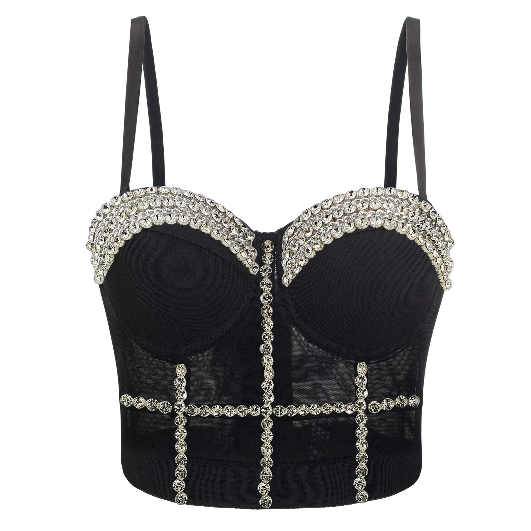 Damen Strass Diamant Push Up Bustier Crop Top Gothic Punk Korsett Clubwear Party BH with Detachable Strap