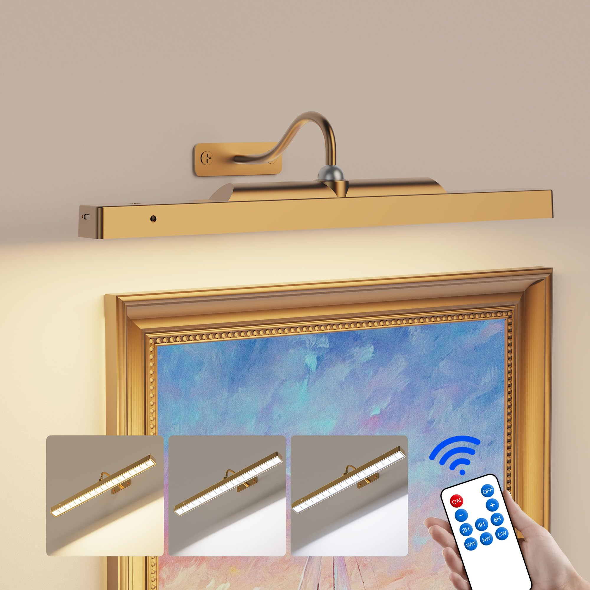 Wireless Picture Light Battery Operated, 1Pack Remote Control Painting Light with Timer, 13Hrs Service Life Art Display Light for Picture Frame Artworking Portrait, Poster, Photo, Mirror -Brass