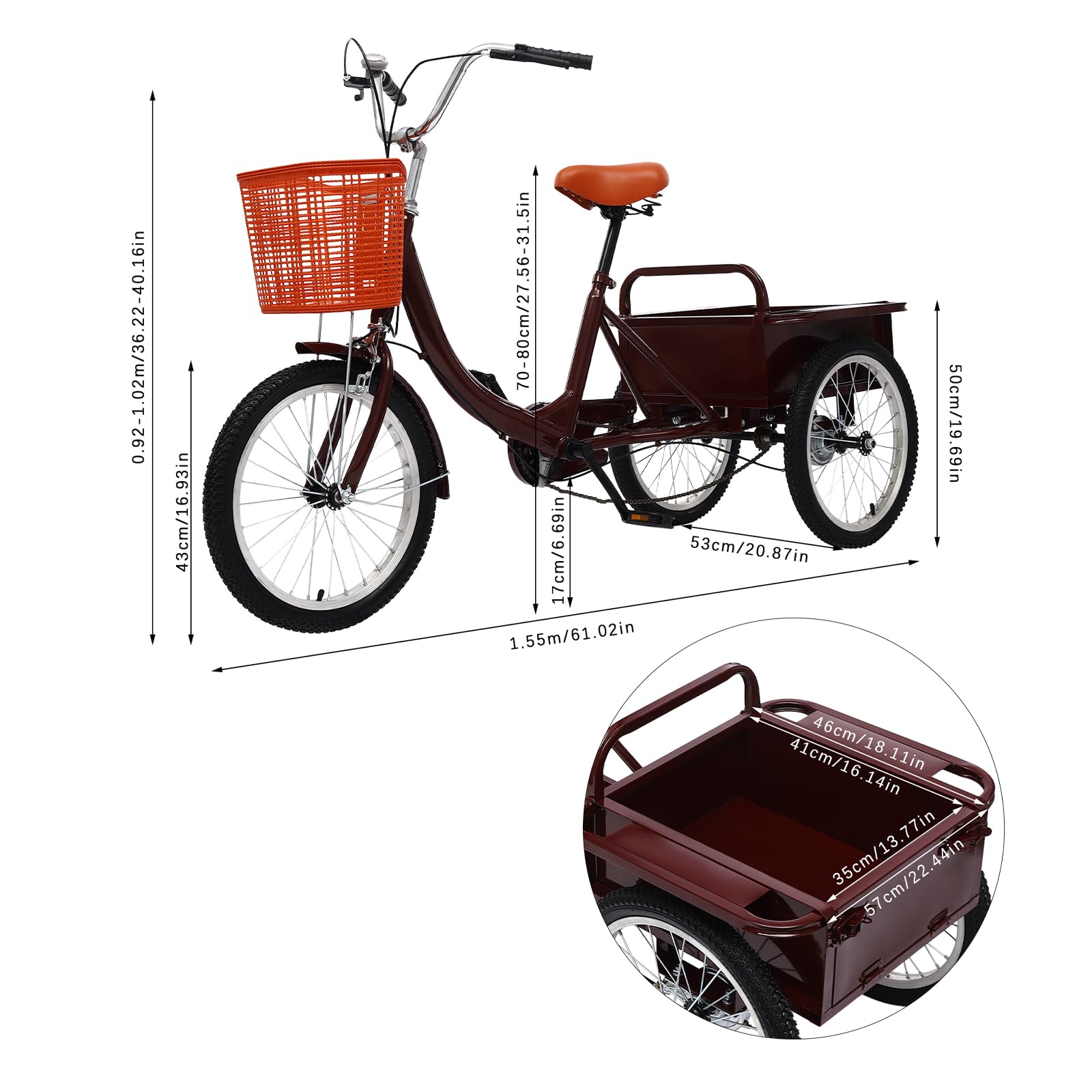 17 Zoll Dreirad für Erwachsene, 3 Räder Fahrrad, Dreirad-Fahrrad, Cruise Bikes mit Einkaufskorb, Seniorenfahrrad für Reisen, Einkaufen, Hochkohlenstoffstahl und Aluminiumlegierung (Rot)