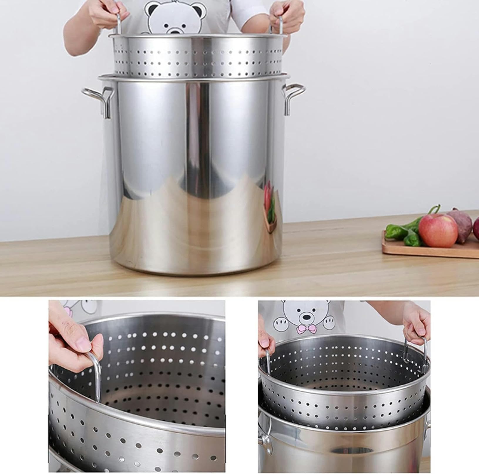 Robuster Suppentopf aus Edelstahl, 27 QT/63 QT – Kommerzielle Fritteuse für Truthahn und großer Kochtopf für Langusten und Meeresfrüchte mit Sieb für den Einsatz zu Hause und im Freien – LAN