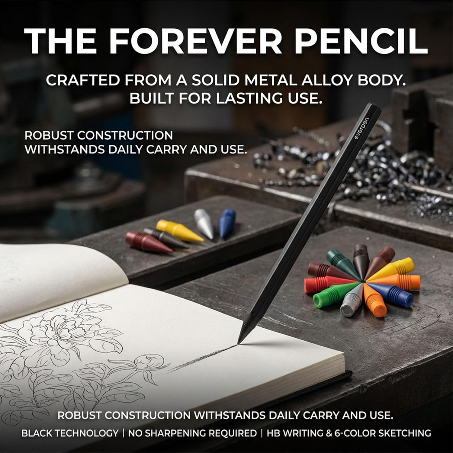 Forever Pencil,Metal Alloy Writing Instrument, With 12 Colored Refill Tips, No Sharpening Required, Pencils for Drawing, Sketching and Writing (Black)
