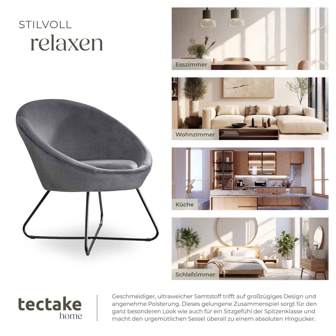 tectake® runder Samt Sessel, Cocktailsessel, Lesesessel mit durchgängiger Rückenlehne, Sessel Wohnzimmer, Polsterstuhl skandinavisch, Relaxsessel, Loungesessel, Esszimmermöbel - Samtoptik anthrazit