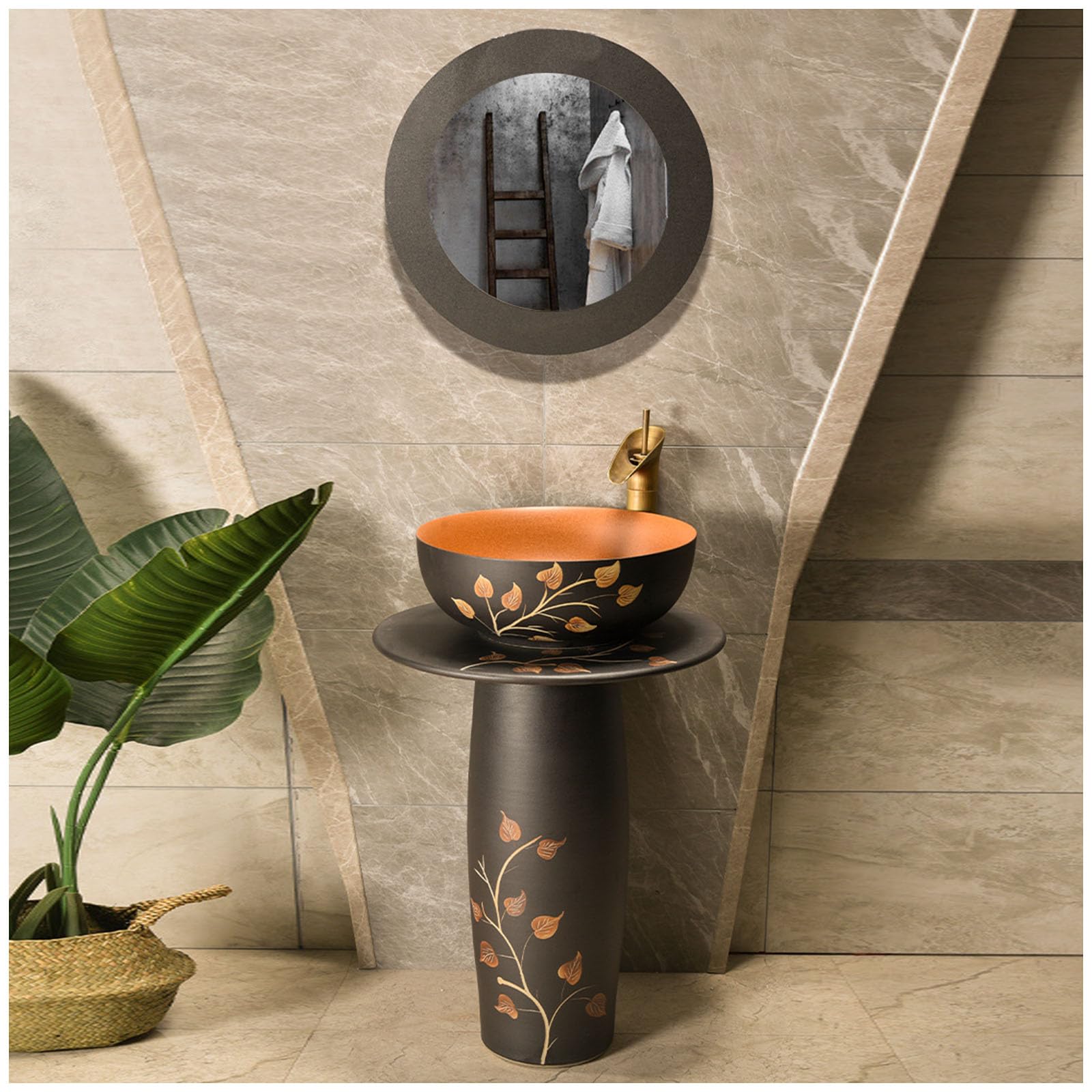 WDSOPK Modern Ceramic Bathroom Basin Sink, Kaolin Clay Pedestal Round Freestanding Sink, for Home Kitchen Patio Laundry Room, Indoor and Outdoor,3 Piece Set (4 Piece Set)