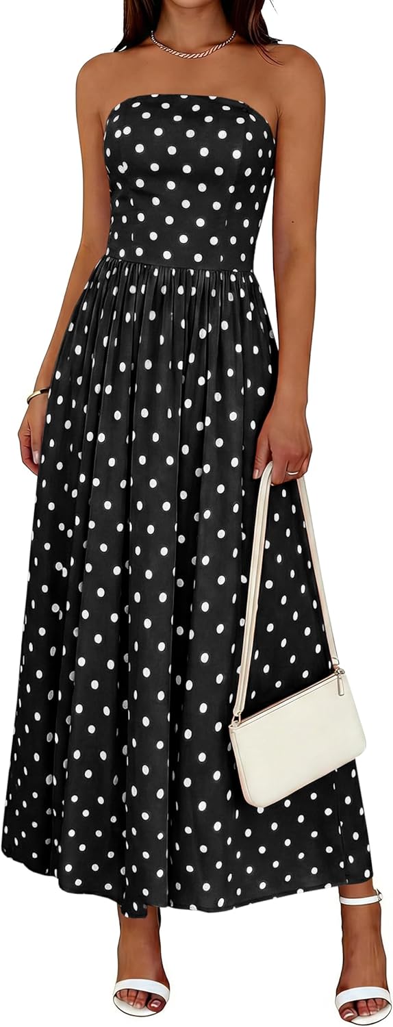 Wenrine Womens Polka Dot Strapless Dress Summer Smocked Tube Top Casual Sleeveless Swing Flowy Maxi Dresses with Pockets