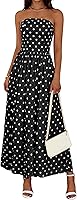 Wenrine Women's Polka Dot Strapless Smocked Maxi Dress - Summer Flowy Tube Top with Pockets