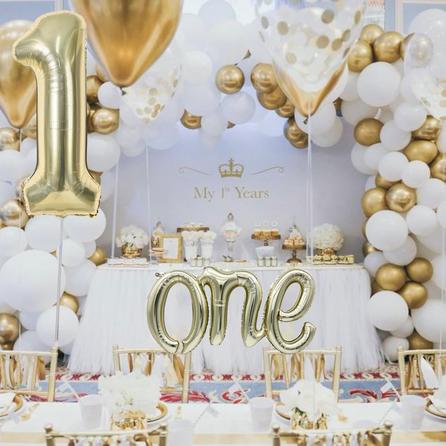 2Pcs Champagne Gold One Balloon Set, 40inch Large Foil White Gold Number 1 Balloon and 26inch Script Letter One Banner for Boy or Girl 1st Birthday Decorations