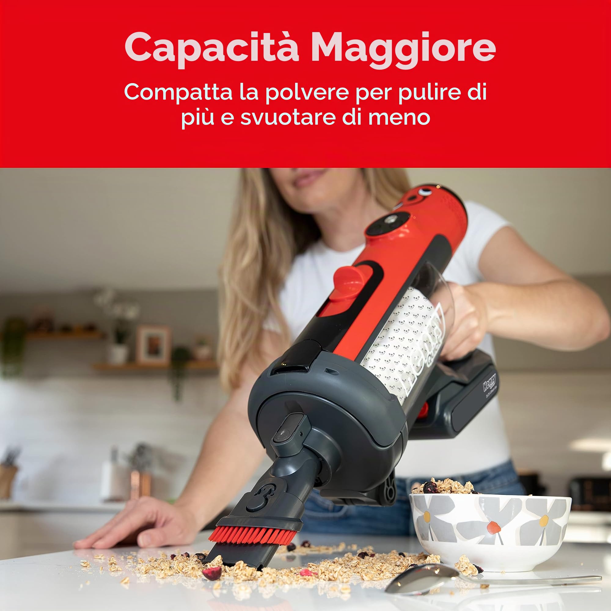 Henry Quick Cordless Stick Vacuum Cleaner, HEN.100, Up to 60 Mins Runtime, Dust-Free Emptying, Powerful Cleaning, Batteria intercambiabile, Lightweight, Red