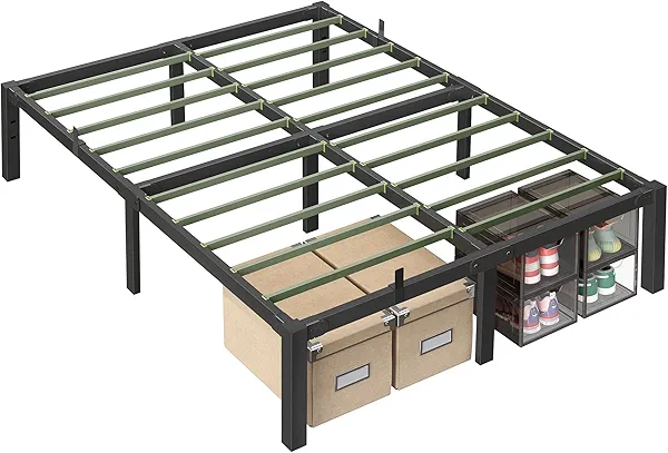 VASAGLE Superfast Assembly, Metal Queen Bed Frame, Heavy-Duty Platform Bed Frame Queen Size, 1500 lb Weight Capacity, Steel Slats, No Box Spring Needed, Ink Black and Forest Green URMB871B01
