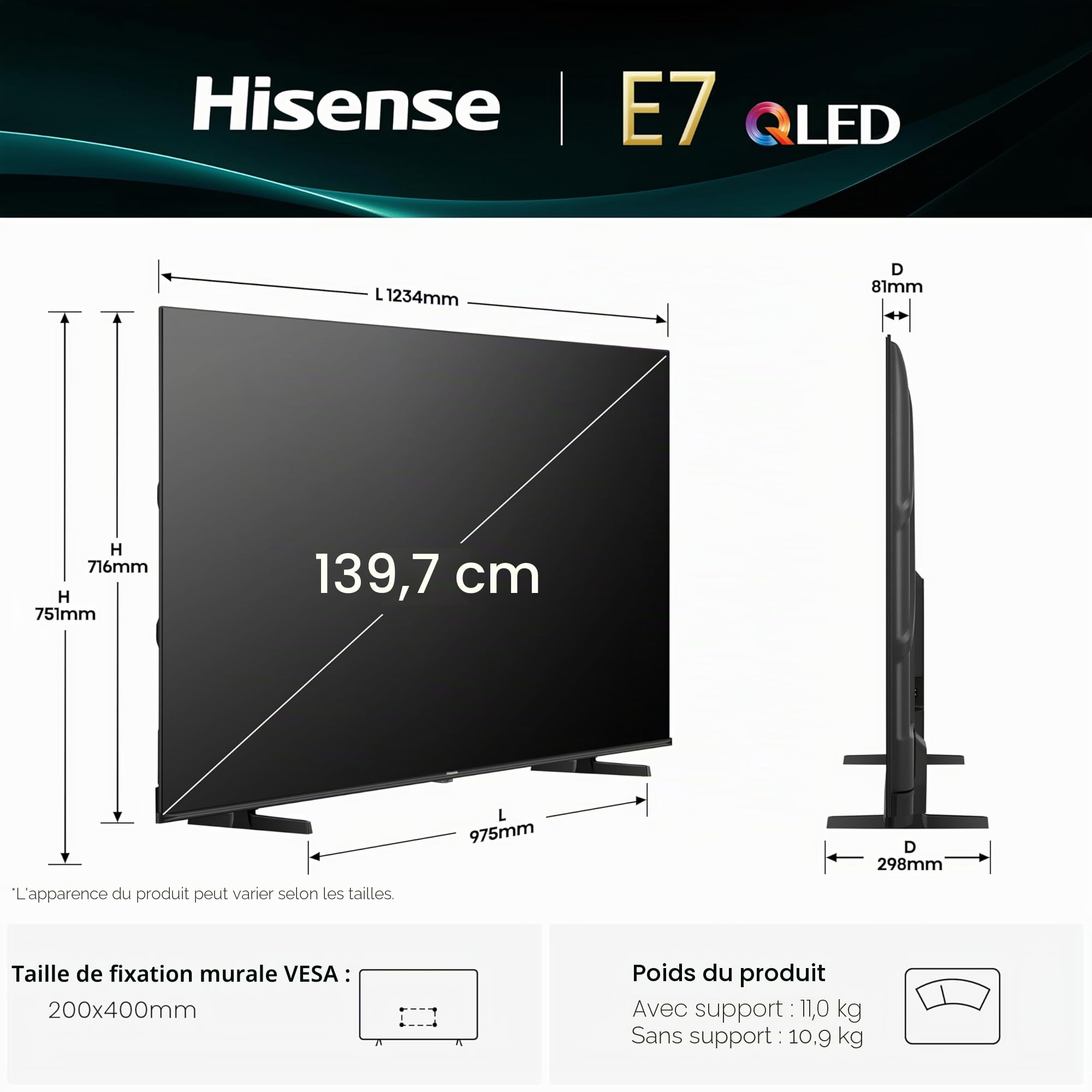 Hisense Smart TV 55 Pouces 55E7Q QLED 4K UHD Téléviseur, Dolby Vision Atmos, Mode Sport IA MEMC, HDR, VIDAA avec Youtube, Netflix, Disney+, Canal +, Commande vocale Alexa