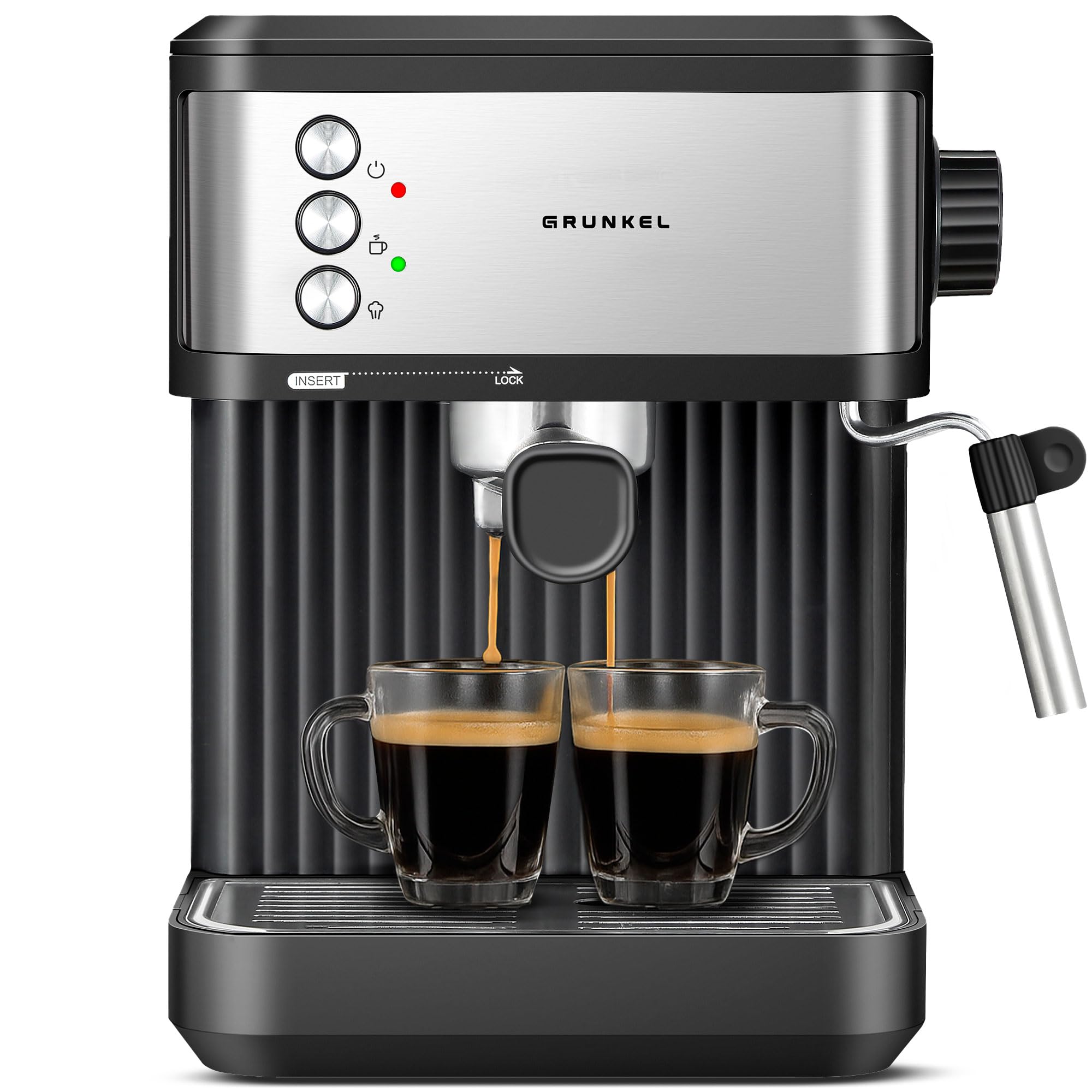 Grunkel Espresso Coffee Maker 20 Bars, 850W, Touch/Analog Panel with Steerable Steamer and Dual Output Arm 1.8L Tank (Analog)