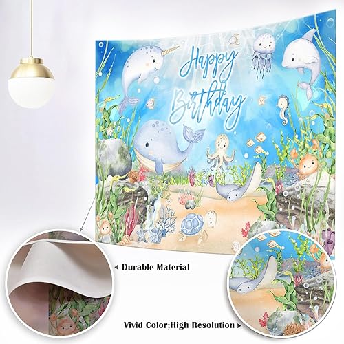 Miniatura 2 de Mocsicka Pancarta de cumpleaños con texto en inglés "Under The Sea", decoración de acuarela pulpo, ballena, tiburón, animal marino, fondo para