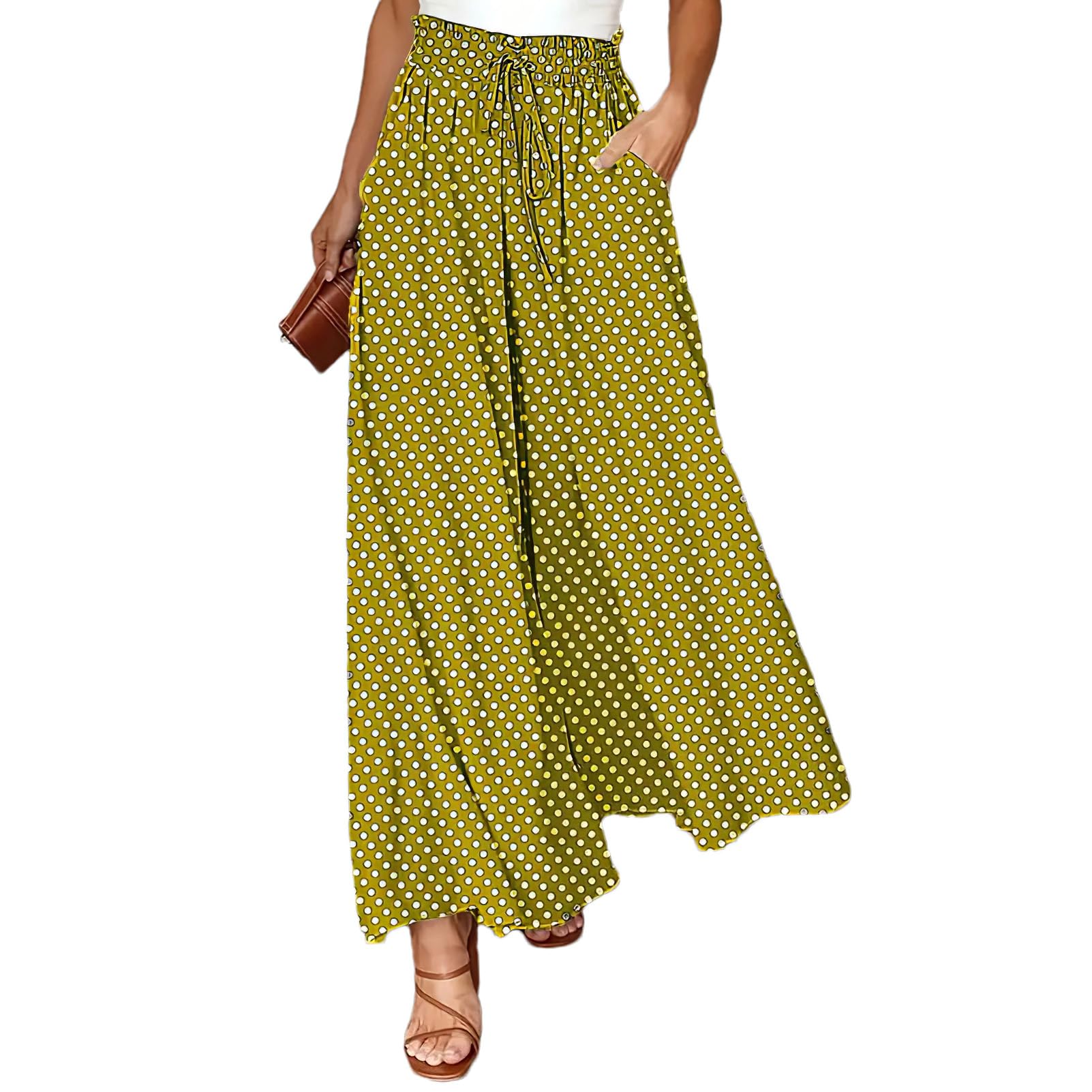 Pantalon Palazzo Femme Long Décontracté à Poches, Bande élastique et Cordon de Serrage