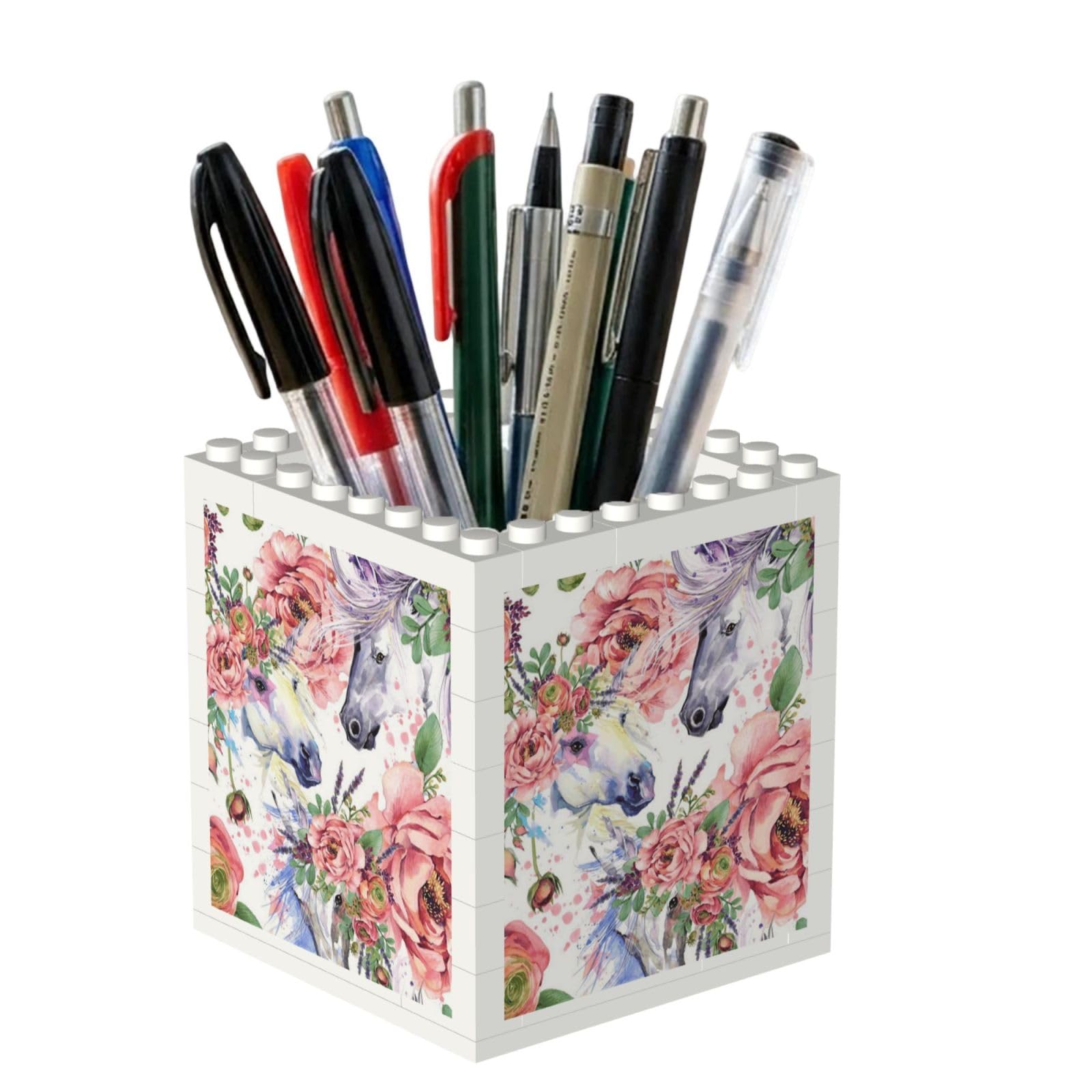 Poadnly Watercolor Horse Roses Flowers, Pen Pot Pencil Holder for Office Home School, Compact Desk Organiser for Office Stationery