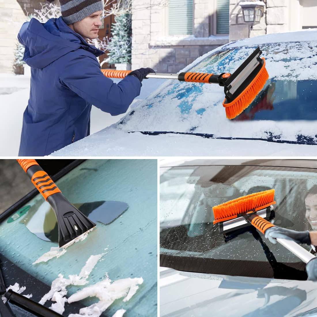 JAMIEWIN 41" Long Handle Ice Scraper and Snow Brush for Car Windshield, Extendable Car Snow Scraper and Brush with Squeegee & Ergonomic Foam Grip Snow Remover for Car Trucks SUVs