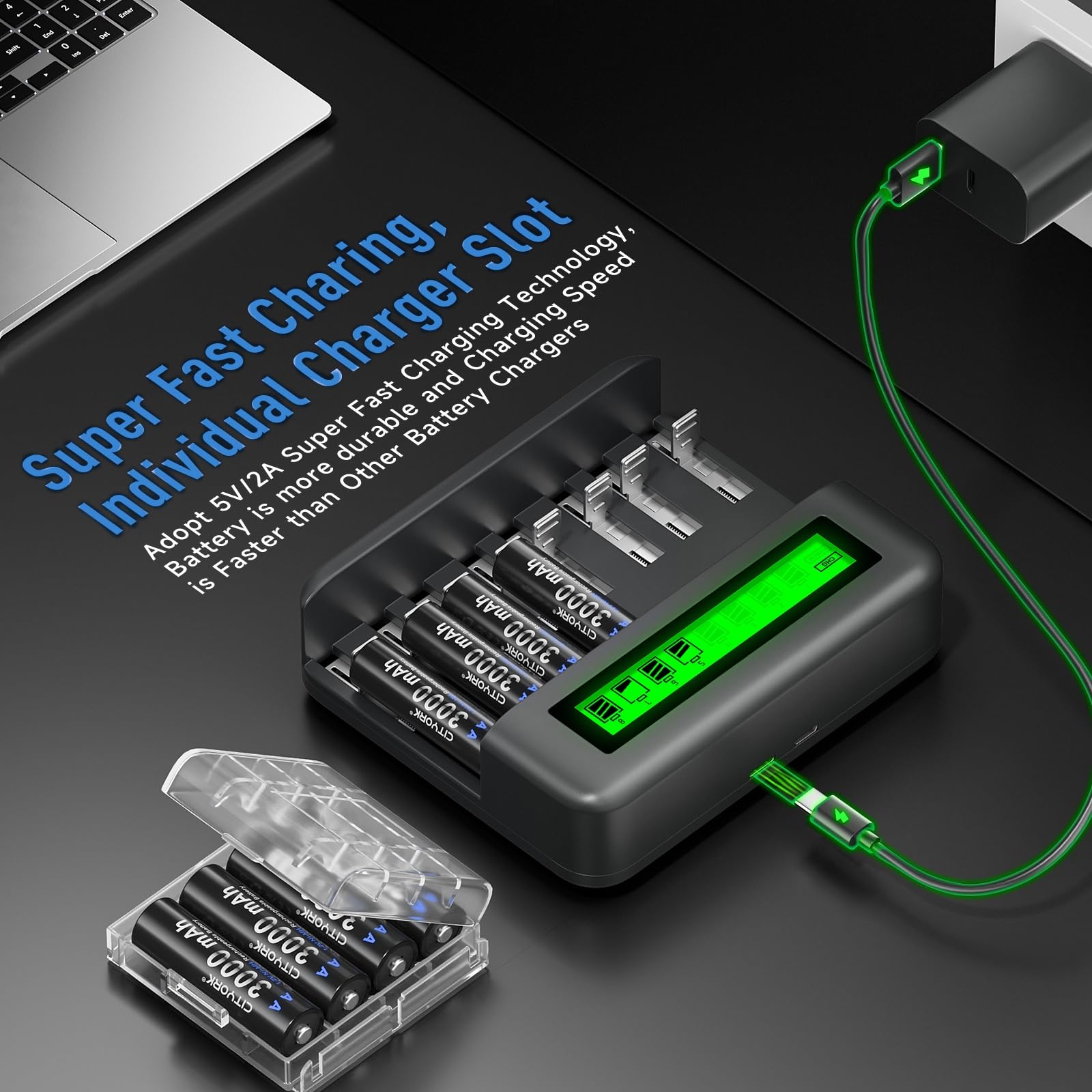CITYORK Lot de 4 piles rechargeables Ni-MH 10 000 mAh avec 8 baies 1,2 V AA AAA C D LCD Chargeur de batterie universel