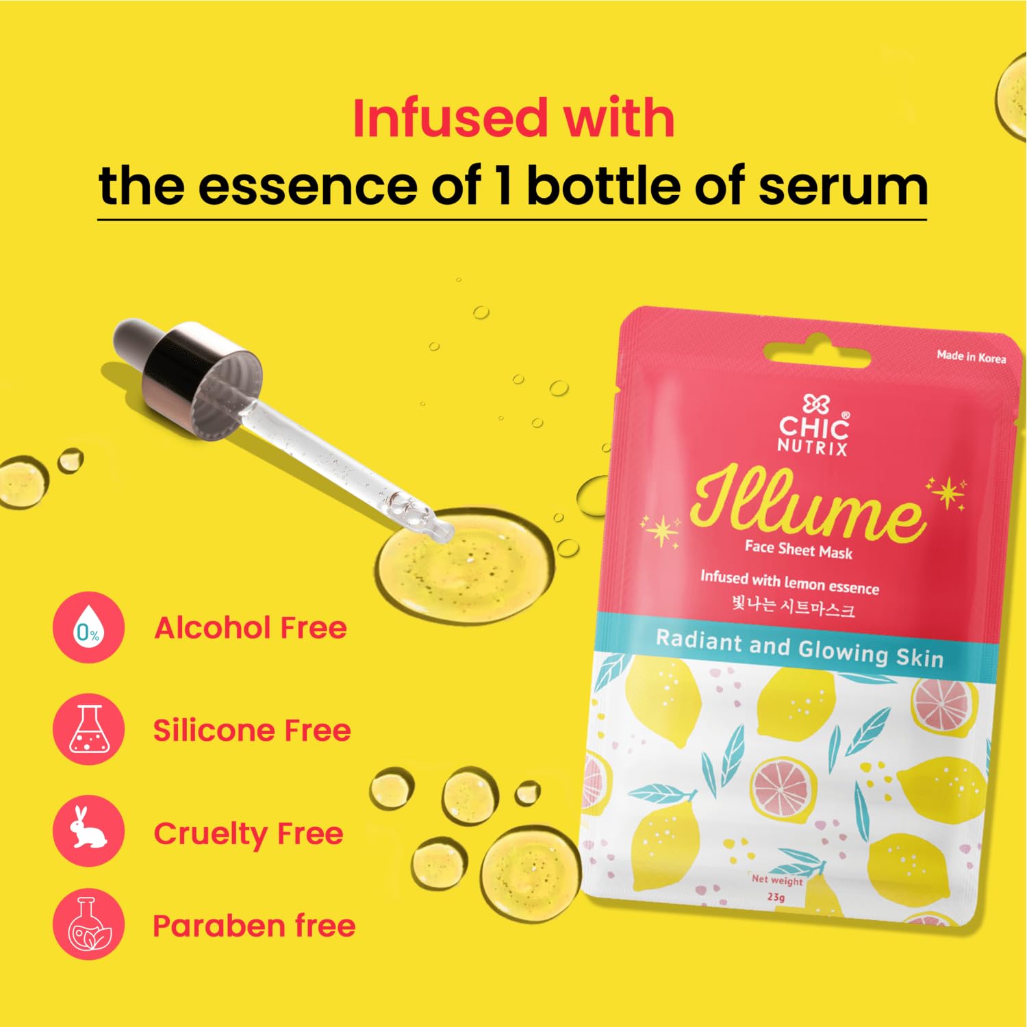 Chicnutrix – Collagen & Vitamin C Korean Sheet Mask | Instant Brightening & Glow | With Niacinamide & Hyaluronic Acid | All Skin Types | 25g - Image 3 thumbnail