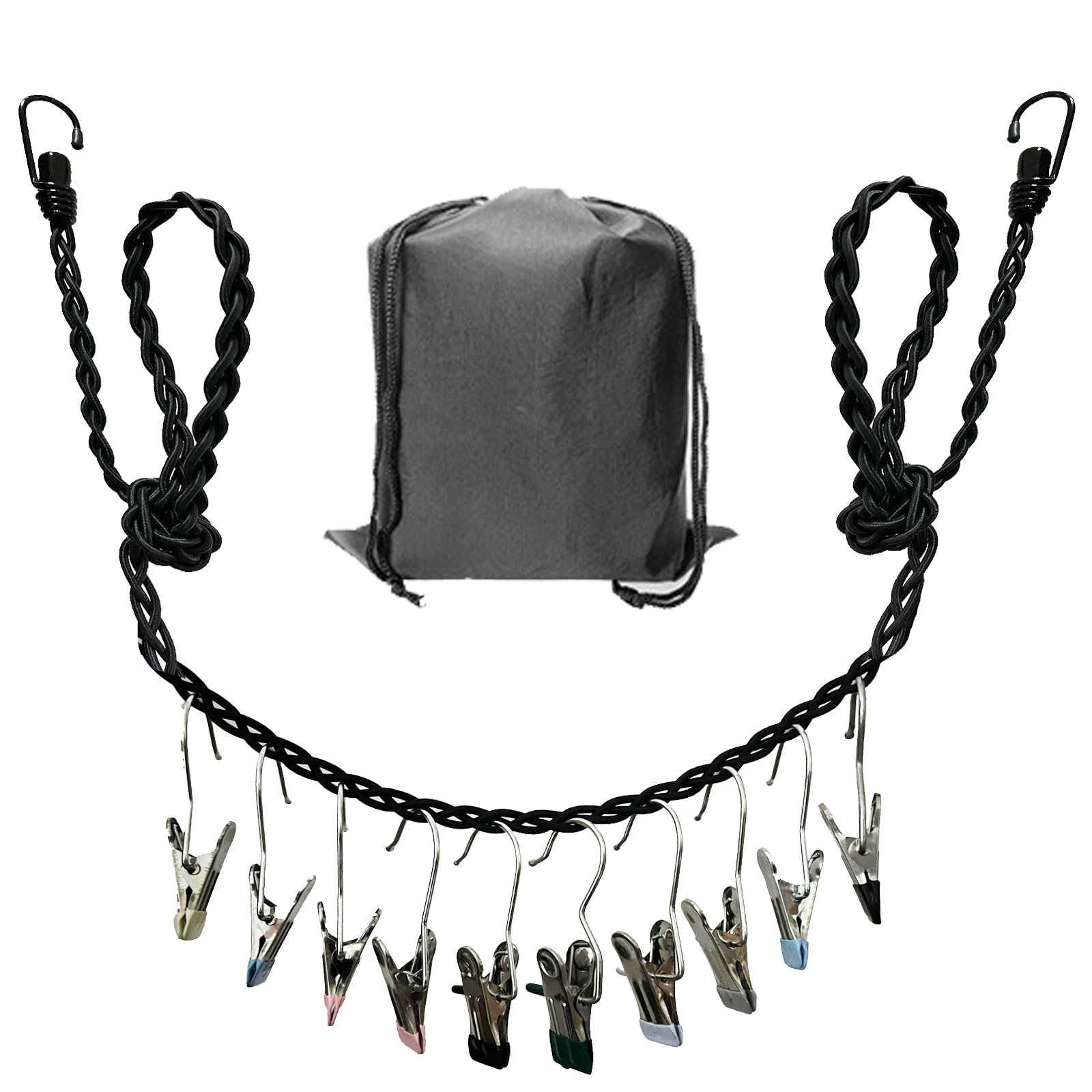 Stendibiancheria Portatile Da Viaggio Con 12 Mollette Antivento, Elastico Retrattile Fino A 3,7m, Per Balcone E Campeggio, Colore Nero