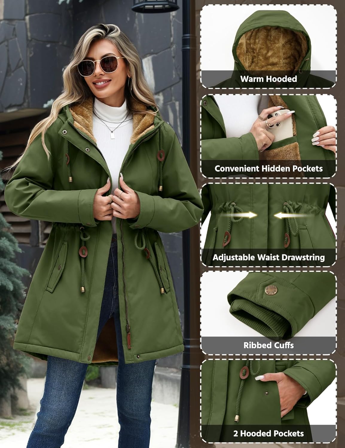Yusongirl Parka Jacket Women Waterproof Fleece Lined Hooded Warm Winter Coat with Pockets for Daily Commute & Outdoor - Image 3