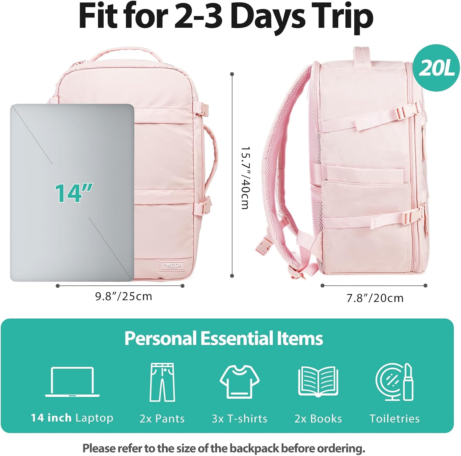 Fmeida For Frontier Airlines Personal Item Travel Bag Pink Carry On Backpack for Ryanair, Fits 14" Laptop, Underseat Weekender Bag for Women