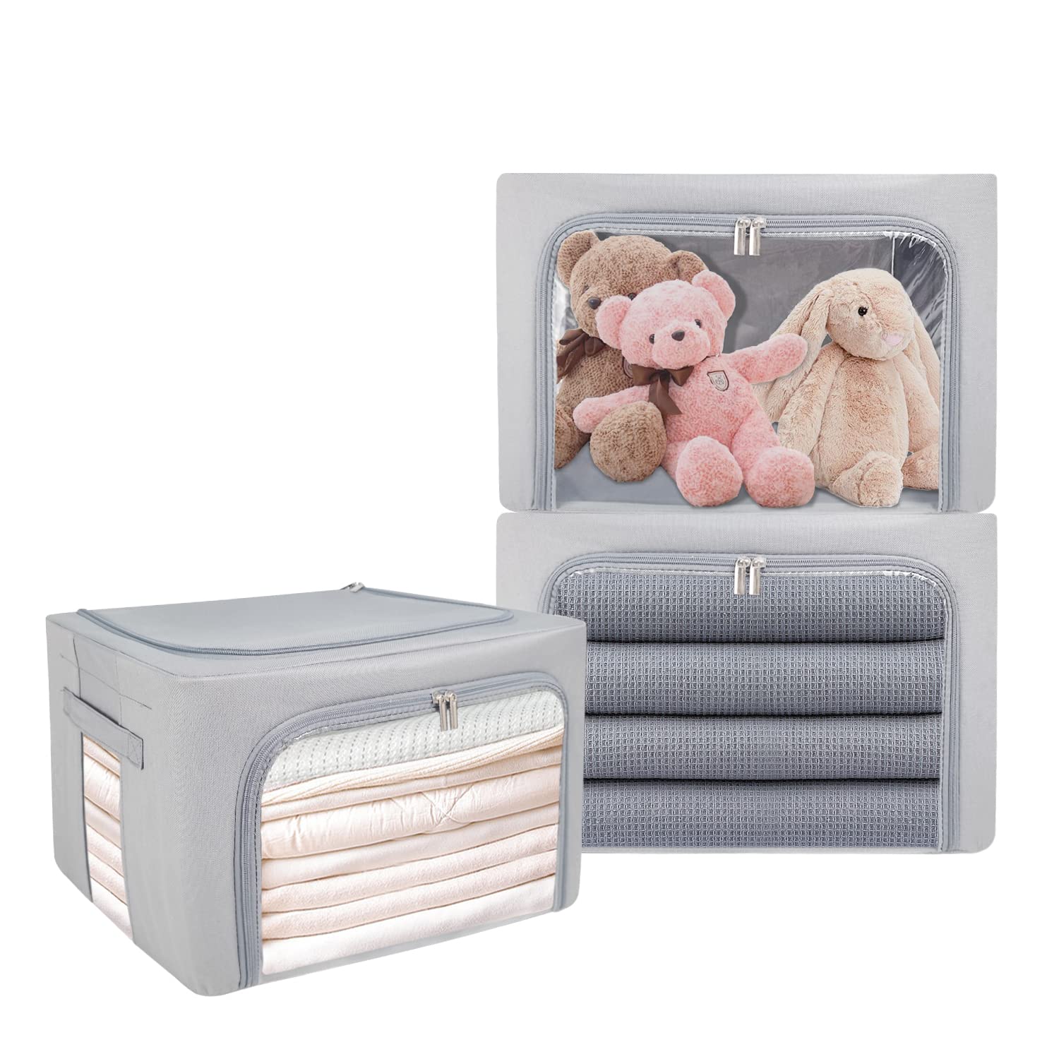 UUBEMMClothes Storage Bins with Foldable Sturdy Frame,Stackable Storage Box for Closet Shelf Organizers for Seasonal Clothing,Blankets,Towel Bed Sheets,Toys Gift Others (Medium -40L x3PACK, Grey)