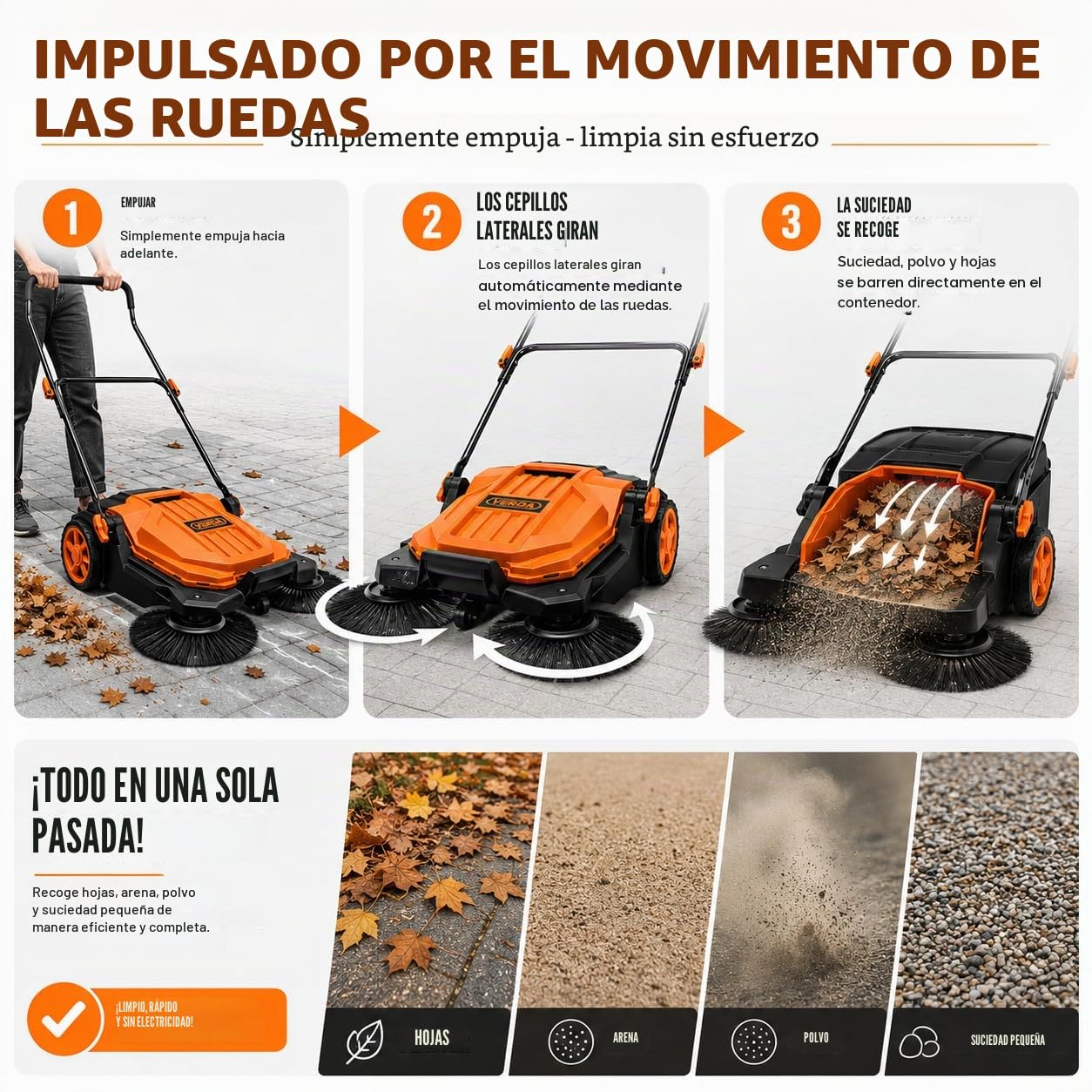 Verda Barredora manual, 2400 m²/h de potencia de barrido, 65 cm de ancho, depósito de 20 l, barredora manual, mango suave, barredora para adoquines, entrada, terraza y patio SN1301Z