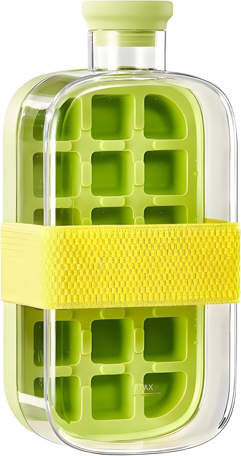 Ice Cube Bottle – 2-in-1 Touch-Free Ice Cube Tray & Water Bottle, Cubes Style Vertical Ice Maker with Zero Touch Press Release, Leak Proof Lid for Gym, Travel & Home Use, 800ML,Green