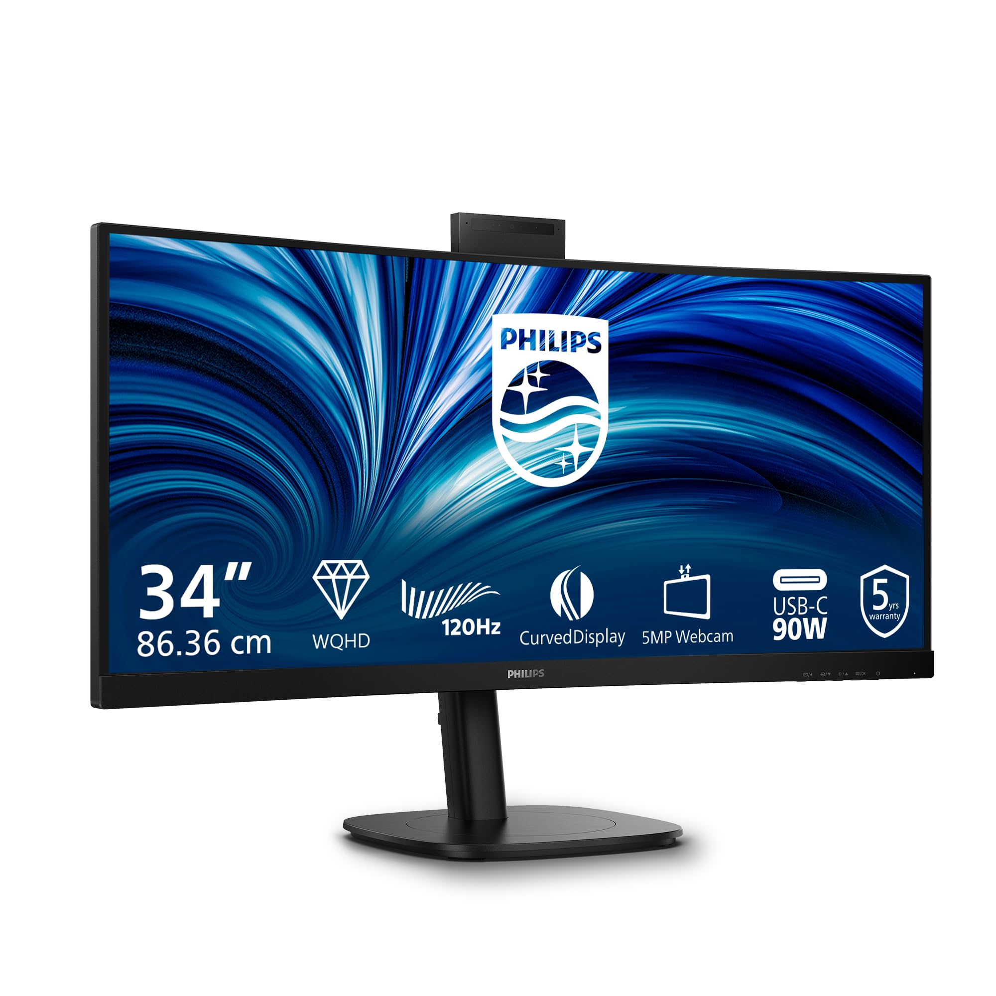 Philips 34B2U3600CH Monitor 34 Pulgadas UWQHD Curvo, 120Hz, VA, 4 ms GtG, Adaptive Sync., HDR10, Altura Ajustable, Altavoces (3440x1440, 2X HDMI 2.0, 1x DP 1.4, USB-C), Negro