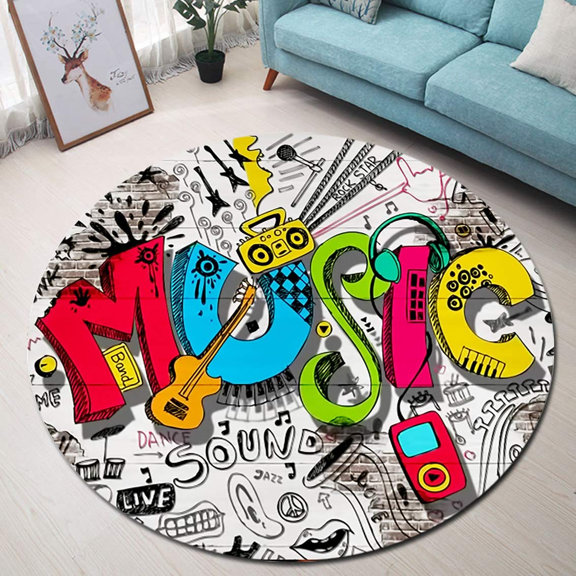 LB Graffiti Area Rugs Music,Black White Colorful Round Rug Soft Washable Interior Carpet Floor Mat/Door Mat/Play Mat for Living Room Bedroom,Diameter 80cm