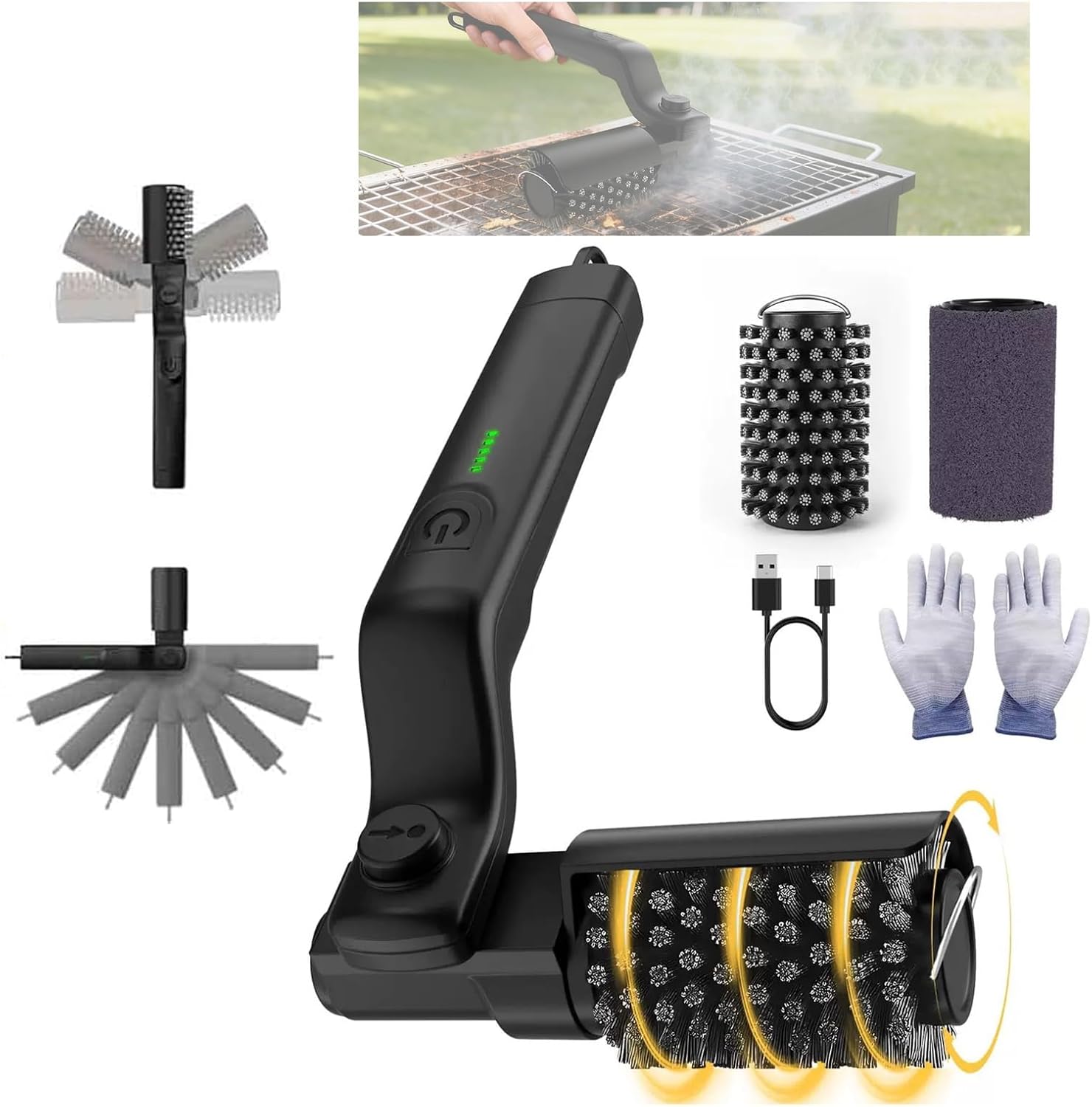 Electric Grill Brush, Cordless BBQ Cleaner with Rechargeable Battery, Powerful Motor, 3-Speed Power, 90-Min Runtime, Waterproof Cleane,Stainless Steel Head for Grates