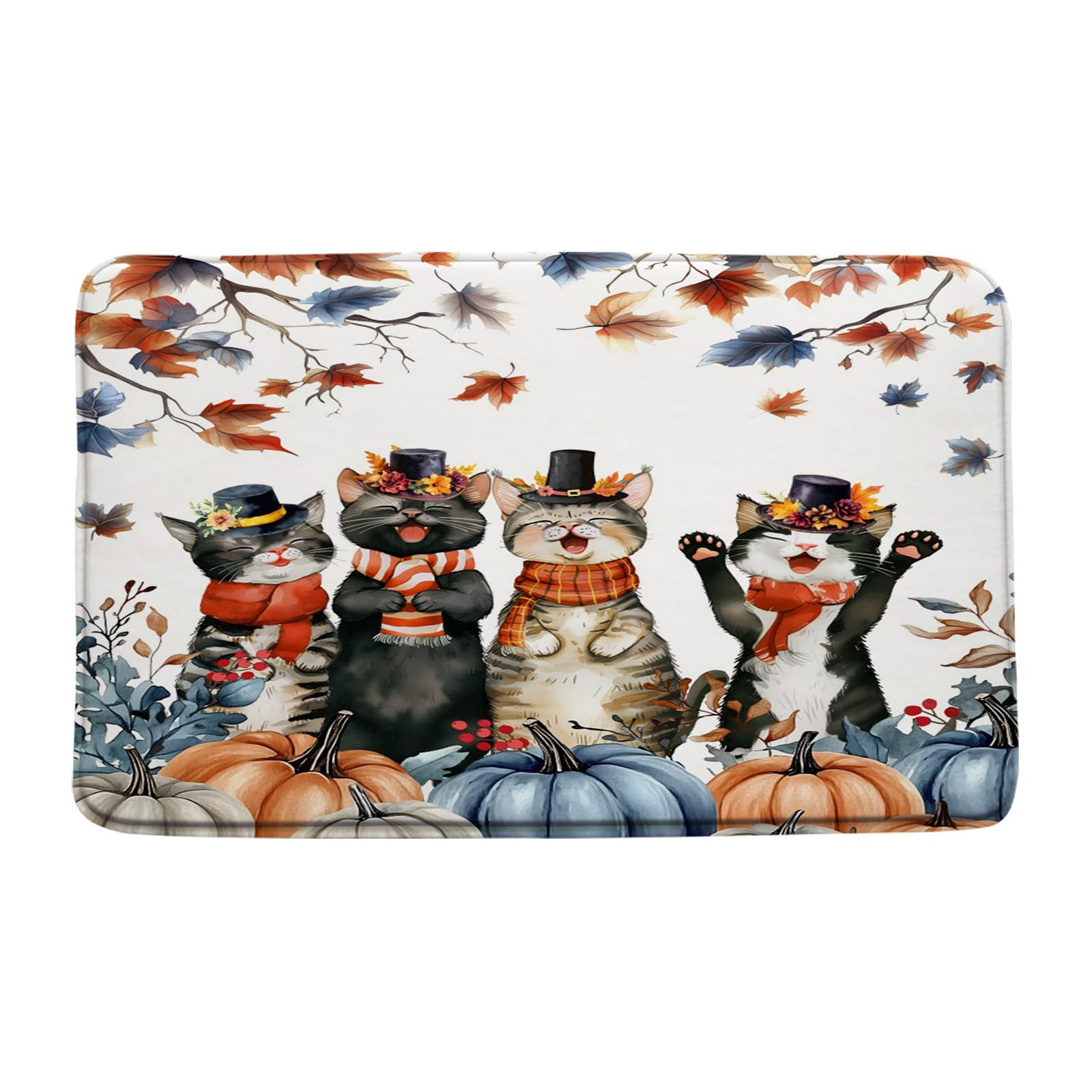 GCTNBJL Fall Thanksgiving Bath Mat Pumpkin Cute Cats Maple Leaf Animal Blue Orange Bathroom Kitchen Memory Foam Rug
