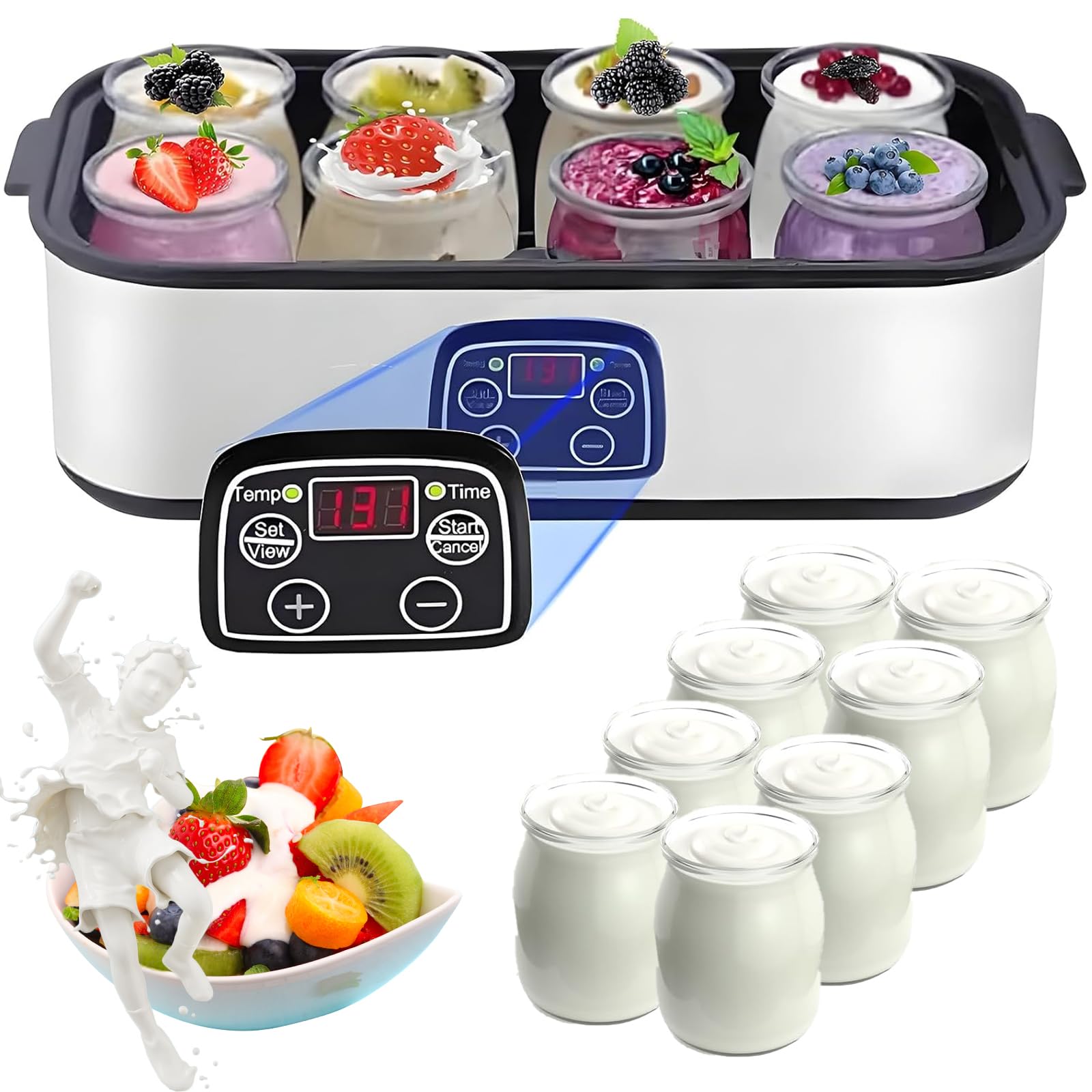 WaaYb Ultimate Yogurt Maker, 1400ml Automatic Yoghurt Maker Machine with 8 Pcs Glass Jars, Adjustable Temperature and Time Control, Probiotic Yogurt Makers for Kitchen Home