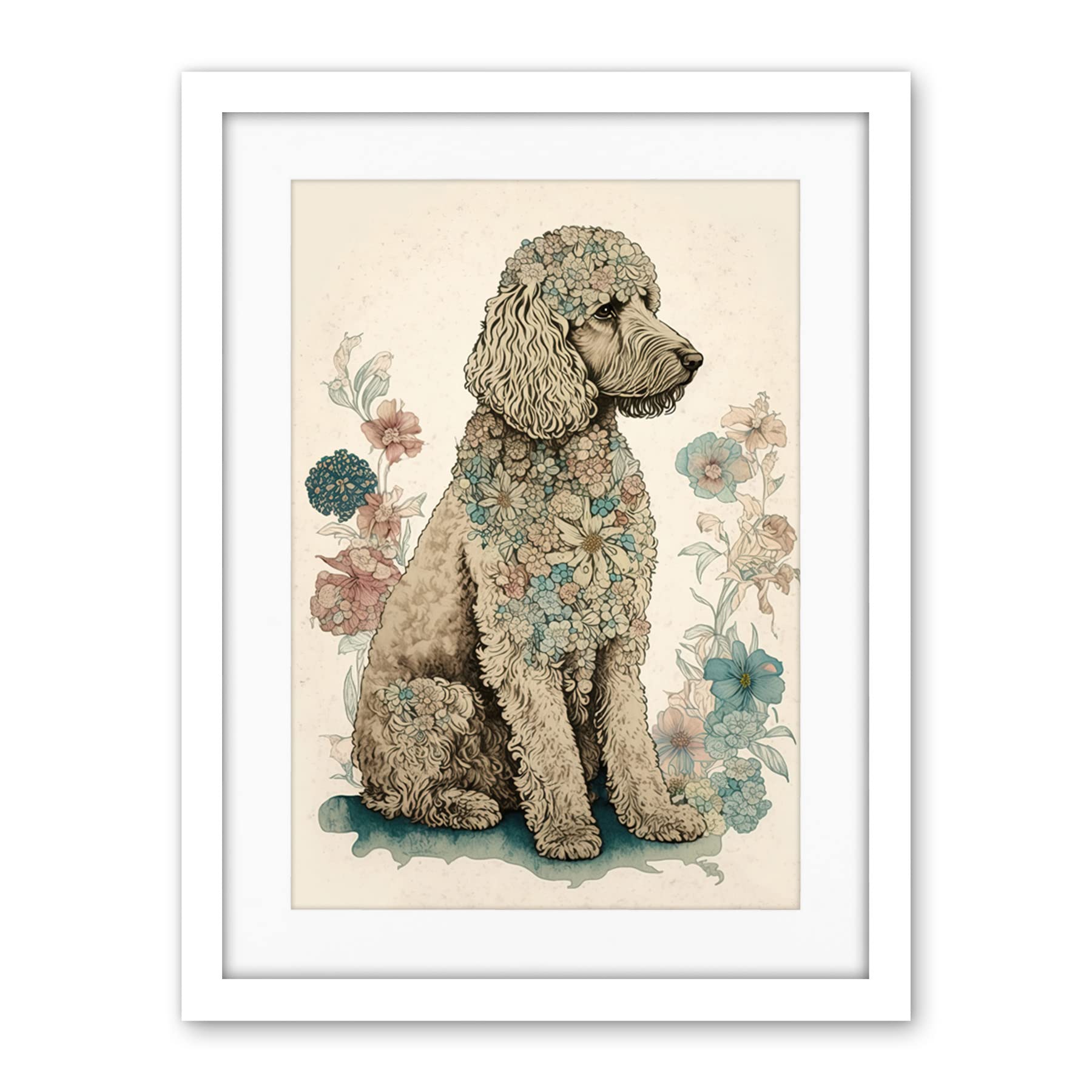 Artery8 Poodle Dog with Flower Fur Coat Modern Boho Watercolour Illustration Artwork Framed Wall Art Print 18X24 Inch