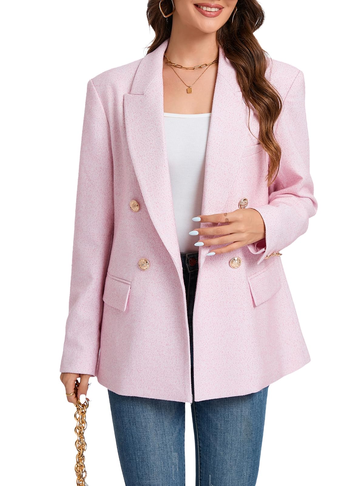 Womens Oversized Tweed Blazer - Double Breasted Casual Business Jacket Long Sleeve Lightweight Lined Trendy Office Wear